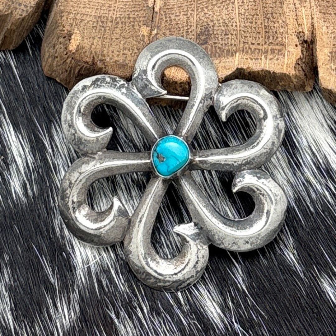 Native 1960s Native American NAVAJO Sterling & Turquoise Flower Pin Size ONE SIZE - 1 Thumbnail