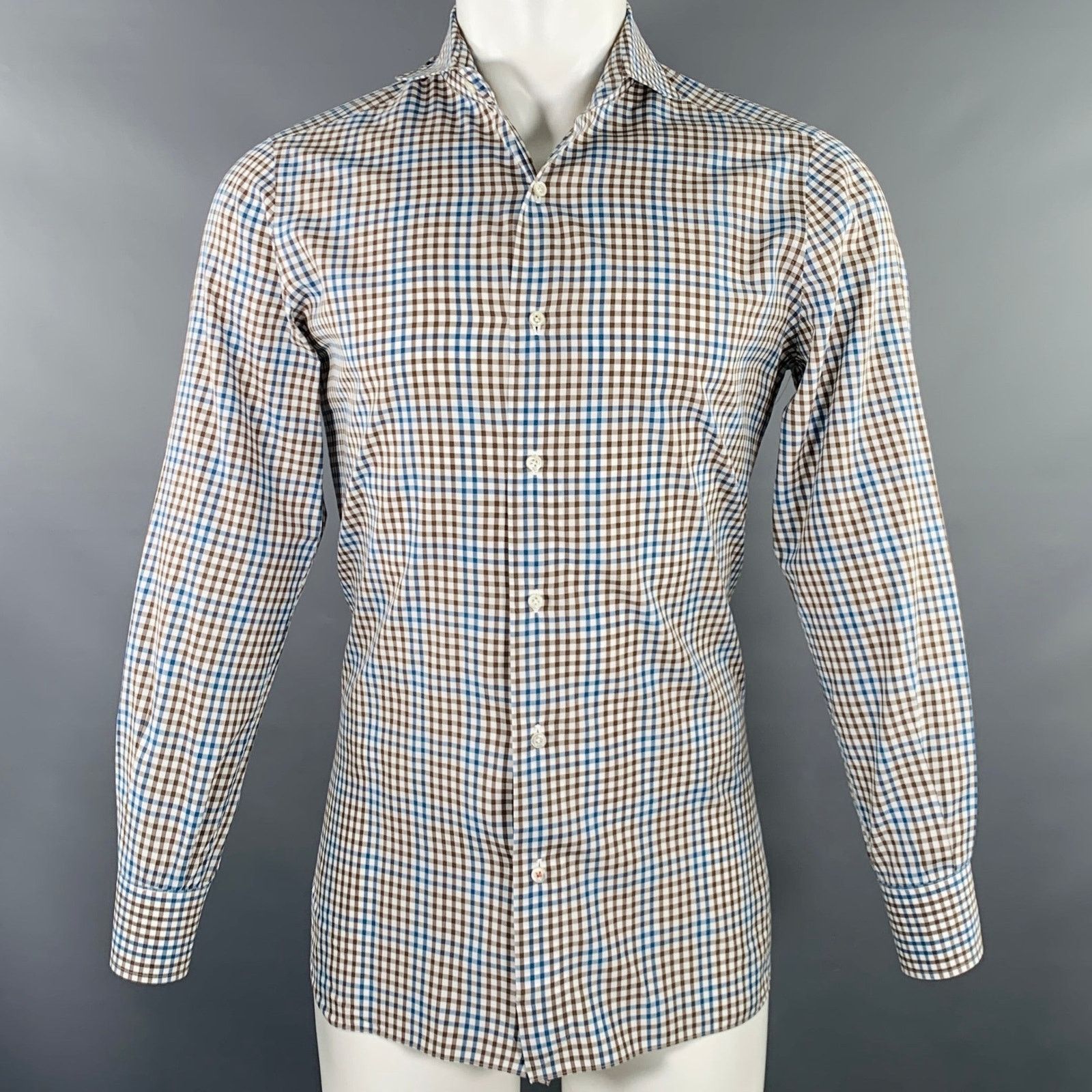 Isaia Multi Color Checkered Cotton Spread Collar Long Sleeve Shirt Size US M / EU 48-50 / 2 - 1 Thumbnail
