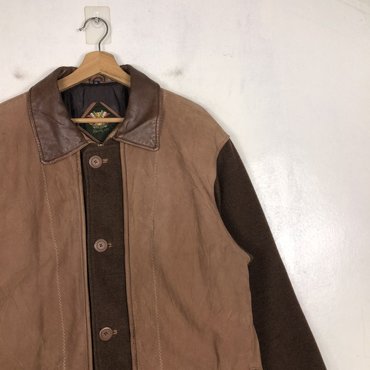 Vintage 📌 WOOL CHORE LEATHER COLLAR JACKET BLUE EFORST ISSEY MIYAKE Size US M / EU 48-50 / 2 - 8 Thumbnail