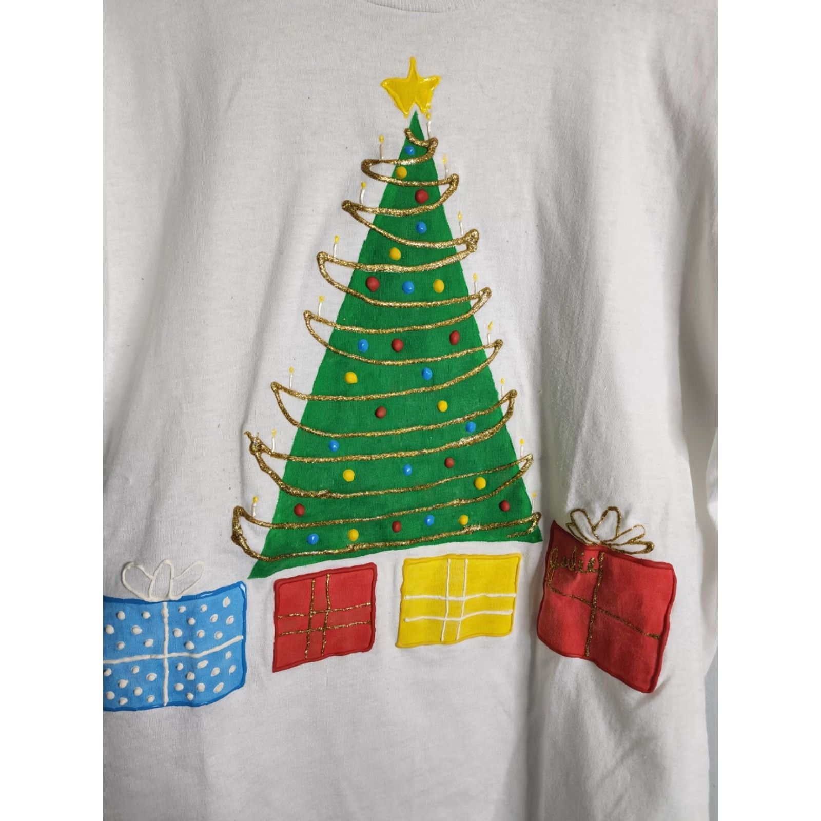 Vintage VINTAGE Screen Stars T-Shirt Mens L Christmas Tree USA Puff Paint Single Stitch Sequin White Cotton Blend Crew Neck Short Sleeve 1990s Size US L / EU 52-54 / 3 - 3 Thumbnail
