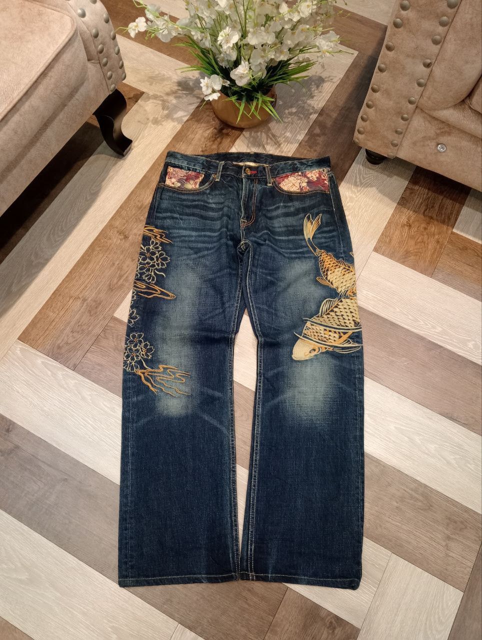 Eternal ETERNAL JAPAN SUKAJAN SUGOI FISH EMBROIDERY BLUE DENIM PANTS Size US 34 / EU 50 - 1 Thumbnail