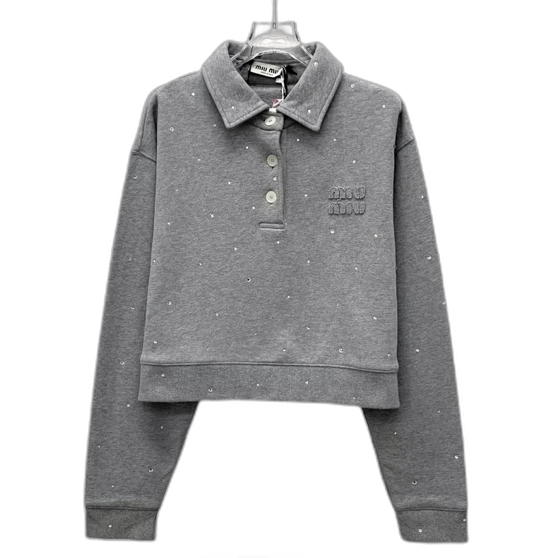 Prada Miu Miu Gray Long Sleeve Polo with Rhinestones Size S / US 4 / IT 40 - 1 Thumbnail