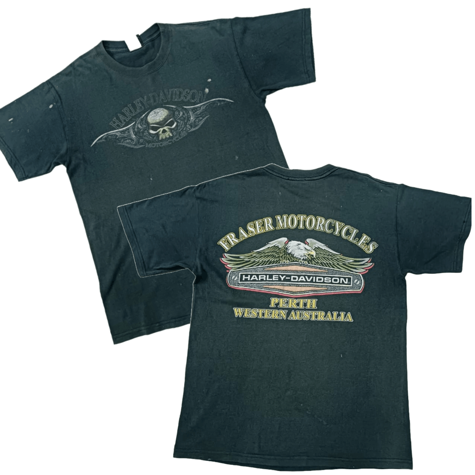 image of VTG Harley Davidson 3D Emblem Skull & Eagle Tee 1980S in Black, Men's (Size Small)