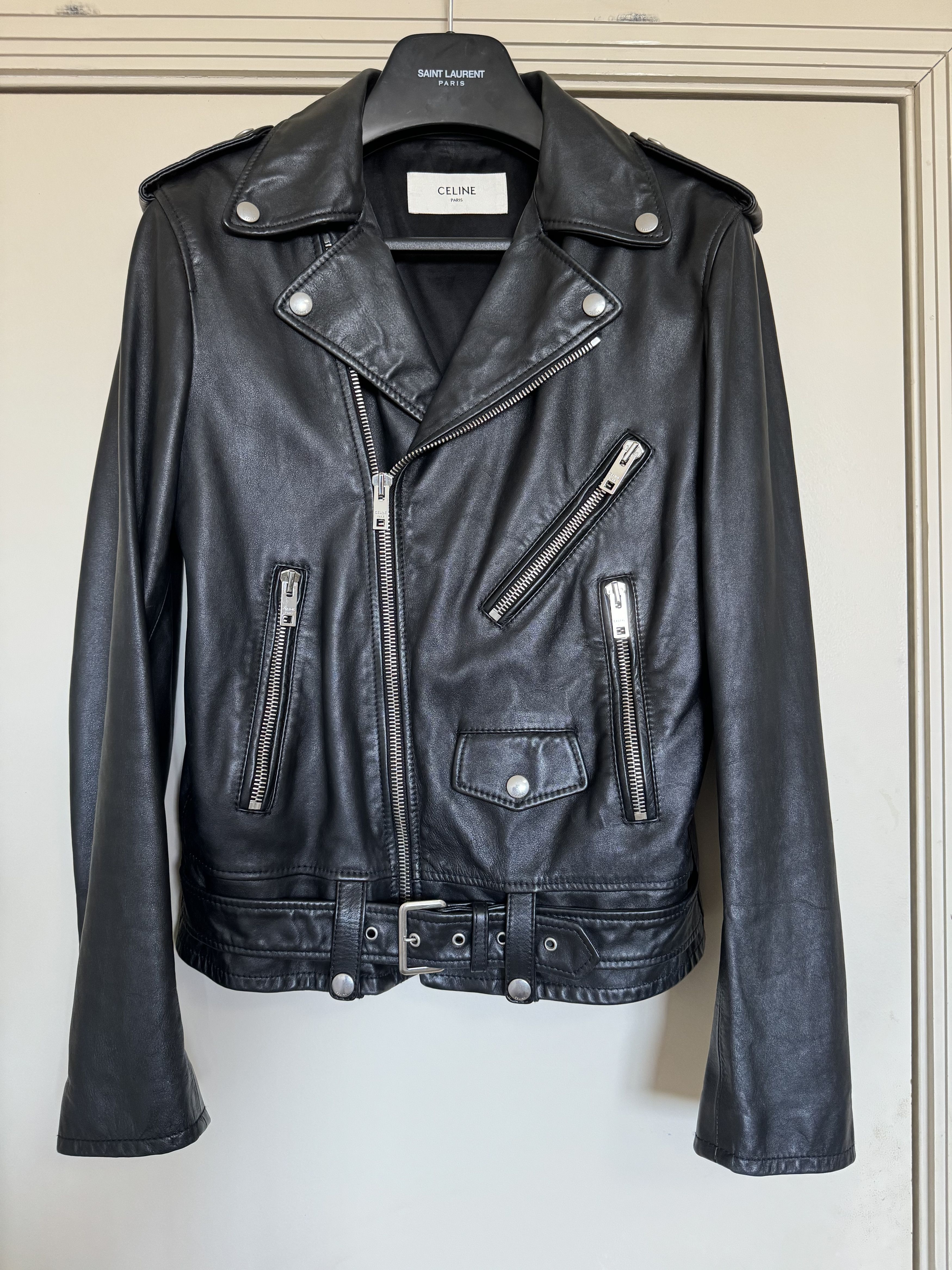 image of Celine Biker Jacket Classic Zhaaa Washed Calfskin in Black, Men's (Size Small)