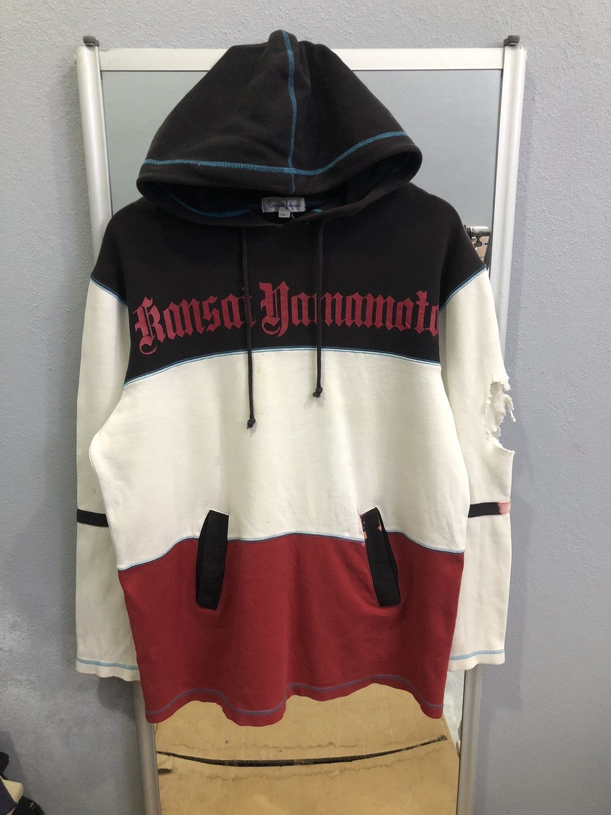 Kansai Yamamoto Vintage 90s Kansai Yamamoto Spellout Cut & Sew Hoodie Size US L / EU 52-54 / 3 - 1 Thumbnail