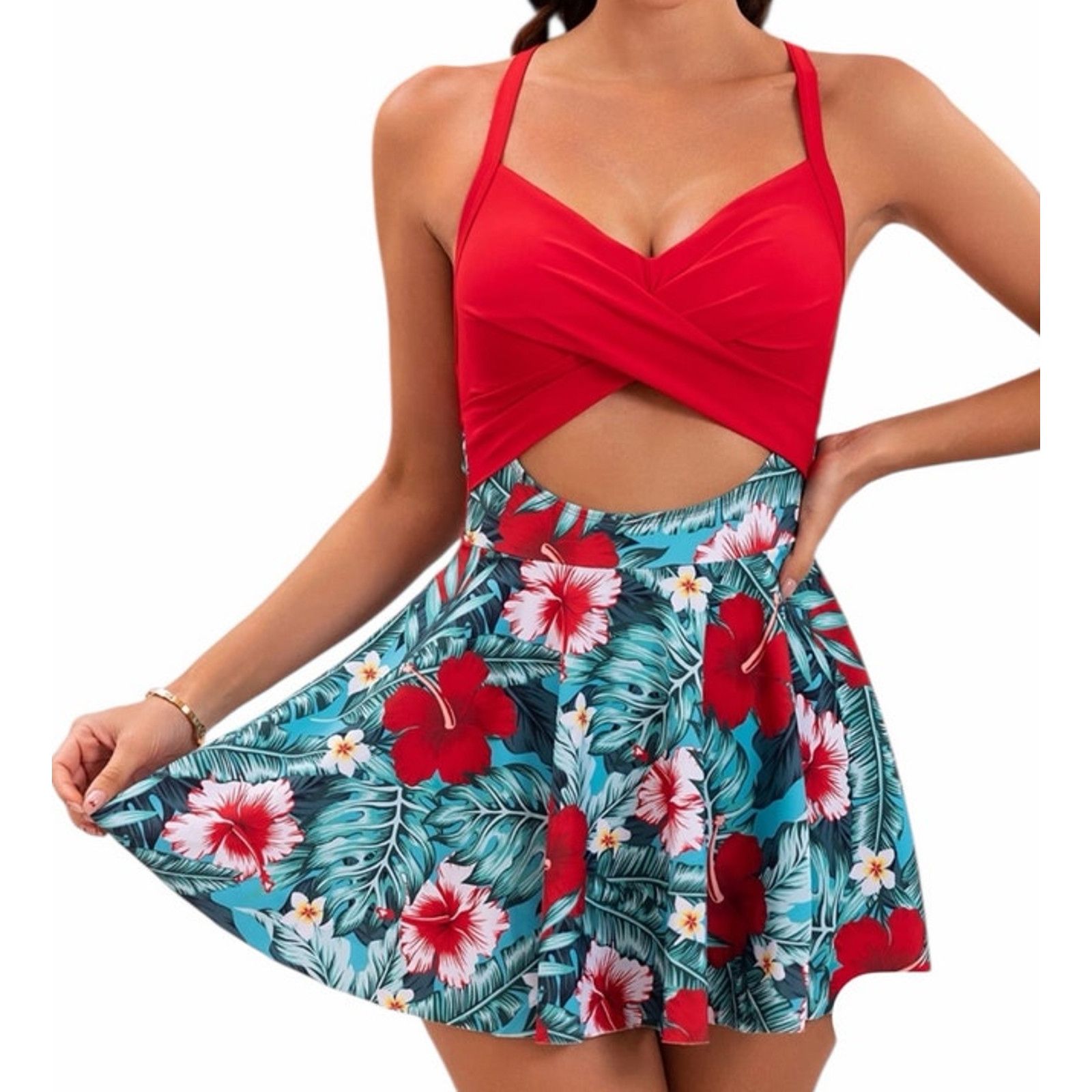 Other B2prity Red Blue One Piece Skirt V-Neck Wrap Back Swimsuit Size ONE SIZE - 1 Thumbnail