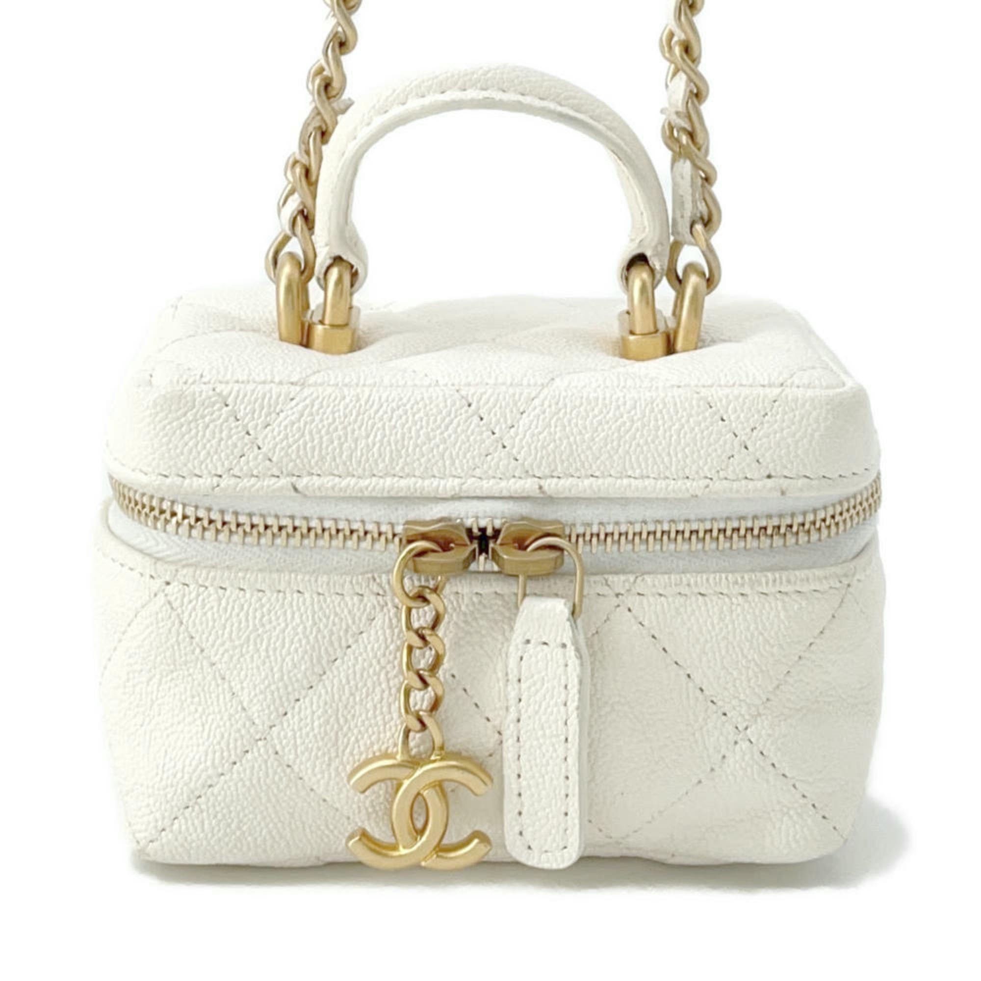 Chanel Chain Shoulder Bag Mini Vanity Case Matelasse Coco Mark Soft Caviar Skin Ap2194 Chanel White, Women's