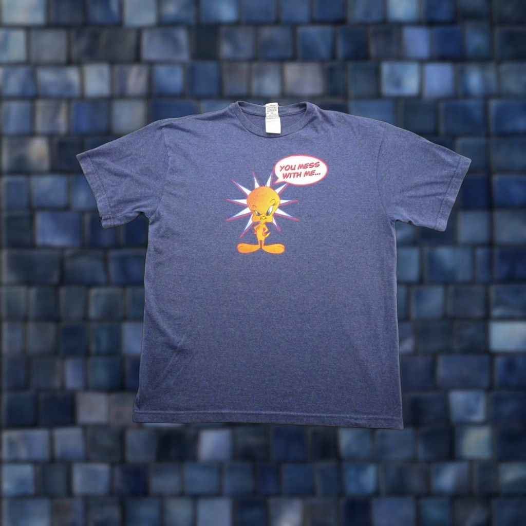 Vintage VTG Tweety Bird You Mess With Me You Mess With Friend Bugs Taz Shirt XL Blue Men T-Shirt Short Sleeve Size US XL / EU 56 / 4 - 1 Thumbnail