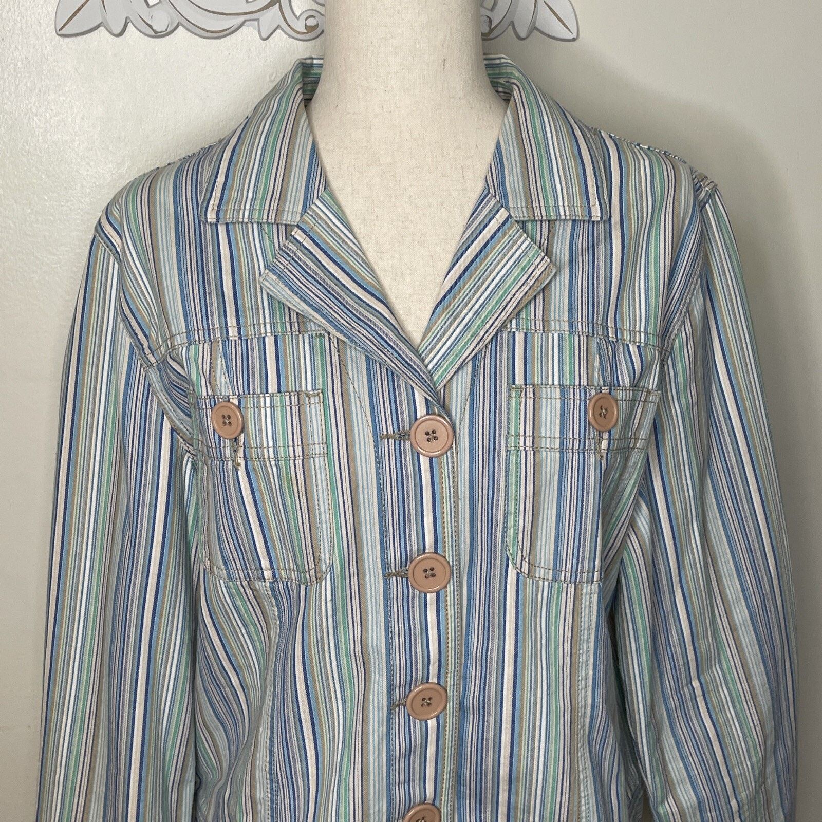 Other KIM ROGERS size L Denim Jacket BLUE GREEN Striped COTTON Size L / US 10 / IT 46 - 2 Thumbnail