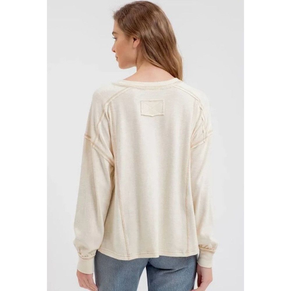 Other NWT New Blu Pepper Contrast Stitch Long Sleeve Henley Ivory Size S / US 4 / IT 40 - 2 Thumbnail