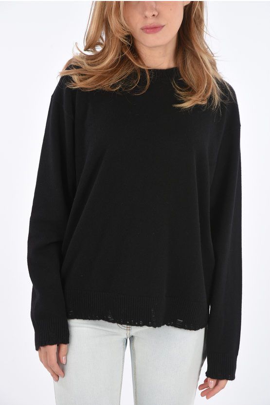 Image of Versace Crew Neck Cashmere Sweater With Distressed Details in Black, Women's (Size Small)