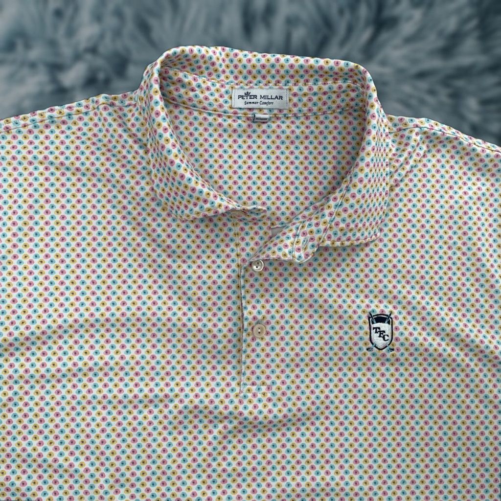Peter Millar Peter Millar Shirt Polo Adult XL White All Over Print Golf Logo The Founders Club Mens XL Polo Shirt Size US XL / EU 56 / 4 - 1 Thumbnail