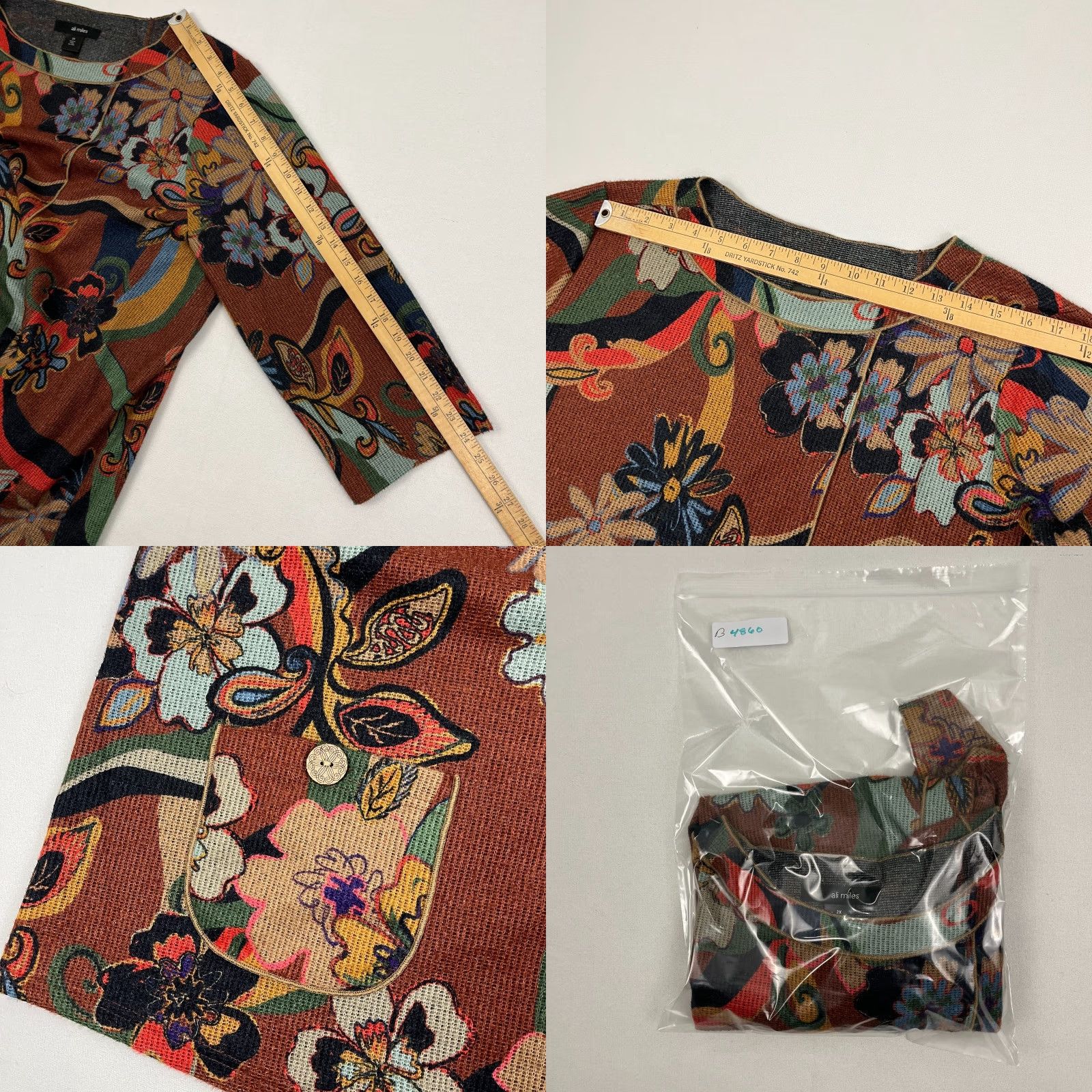 Vintage Ali Miles Blouse Womens 2X Brown Floral Abstract Knit Asymmetrical Spring Boho Shirt Women Plus Size 2X Floral Pattern 3/4 Sleeve Knit Blouse Size XXL / US 16-18 / IT 52-54 - 8 Thumbnail
