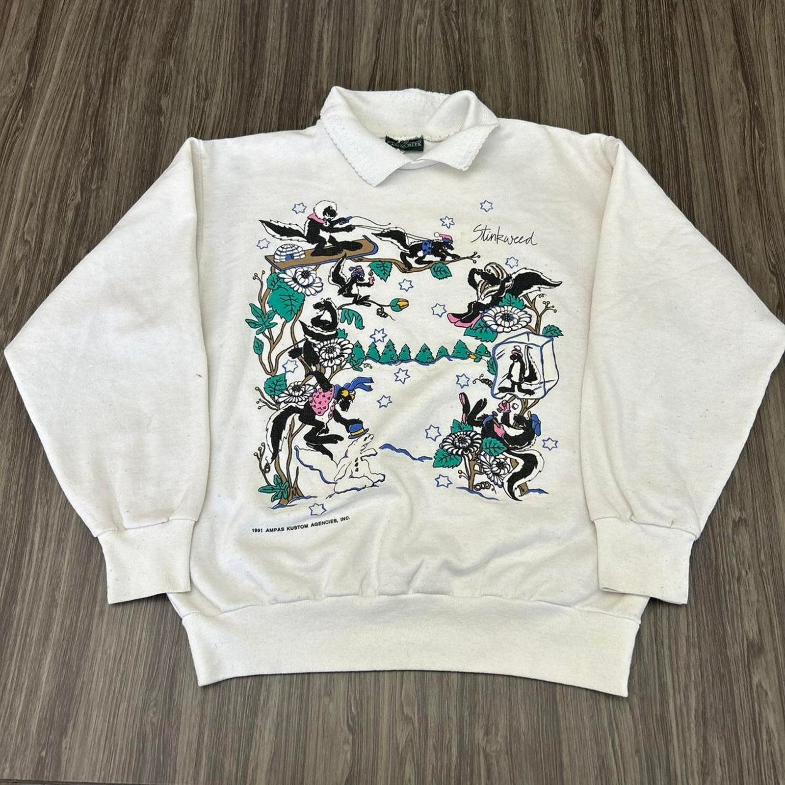 Vintage VTG 90s Stinkweed Skunk Skiing White Collared Sweater. Sz M Size US M / EU 48-50 / 2 - 1 Thumbnail
