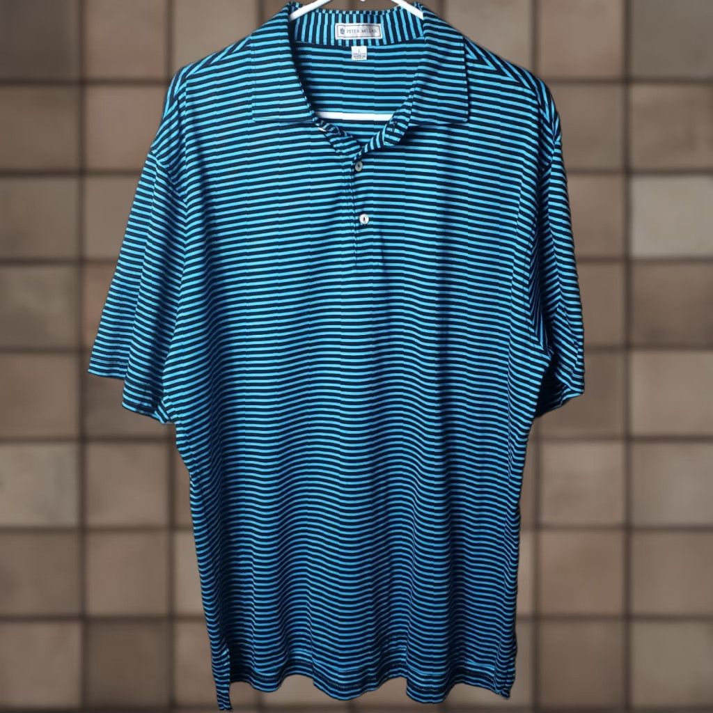 Peter Millar Peter Millar Striped Golf Polo-100% Cotton Turquoise/Black-Size L-Short Sleeve-Black Mens Polo Size US L / EU 52-54 / 3 - 1 Thumbnail