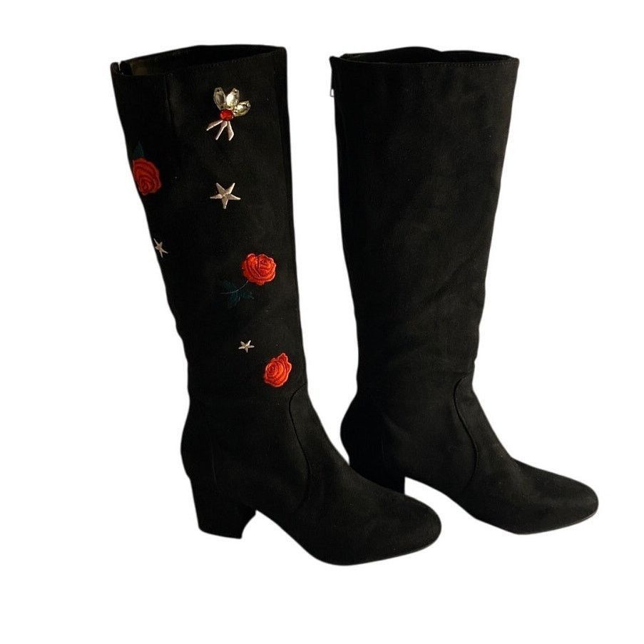 Betsey Johnson Boho Floral Embroidered Black Tall Boots Betsey Johnson 10M Size US 10 / IT 40 - 6 Thumbnail