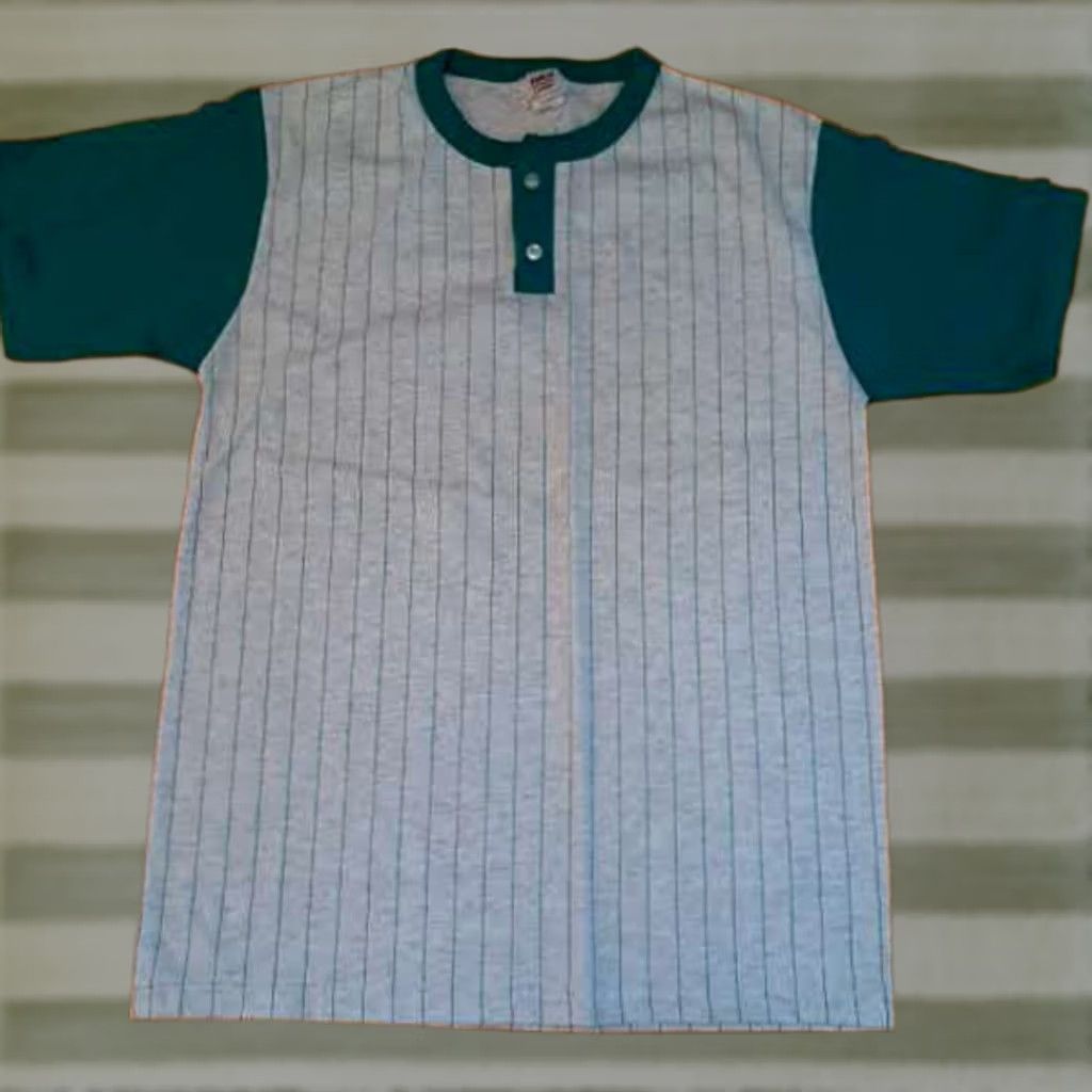 Vintage VINTAGE Reach Shirt Unisex Adults L Light grey & Green Trim 1/4 Button USA Made Single Stitch Tennis Shirt Large Pinstripes Size US L / EU 52-54 / 3 - 1 Thumbnail