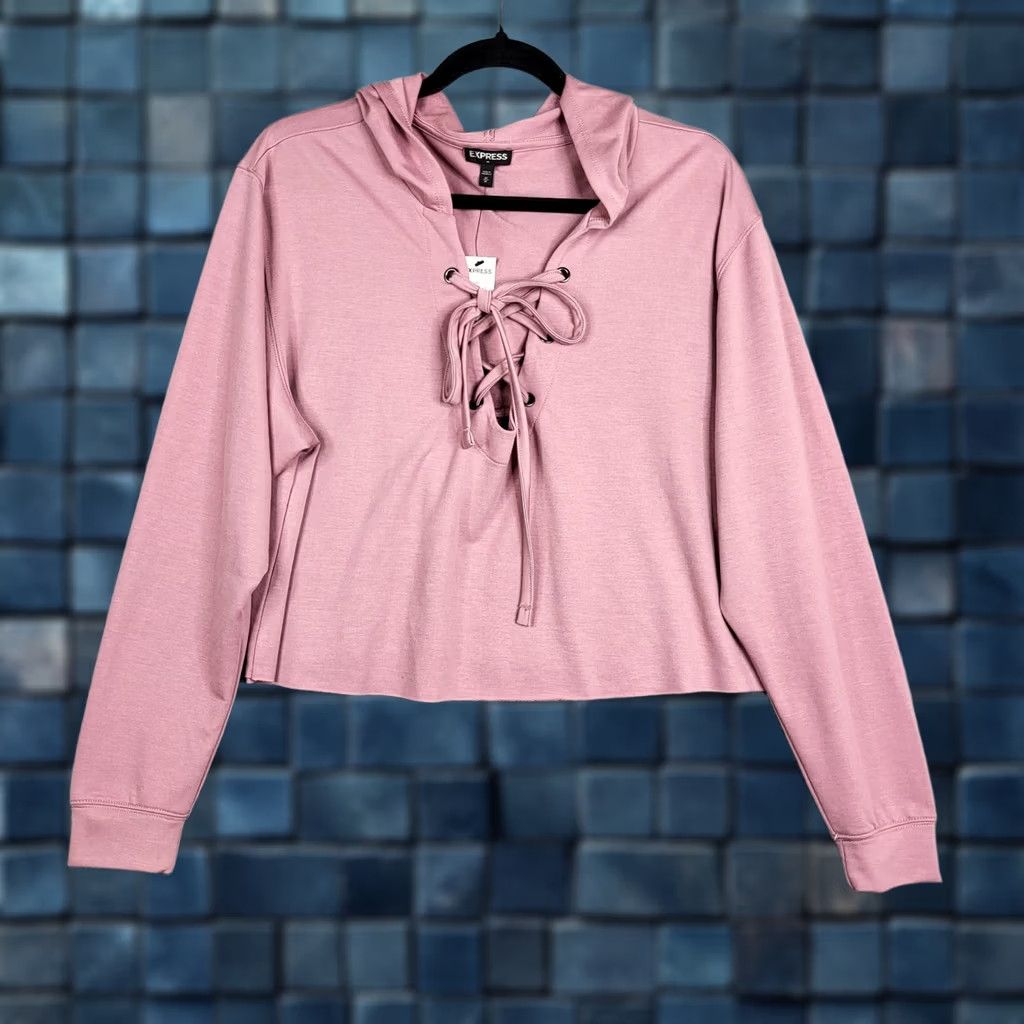 Express EXPRESS Women's Hoodie Cropped Lightweight Pink Tie Neck Crew Neck Long Sleeve Size M Size M / US 6-8 / IT 42-44 - 1 Thumbnail