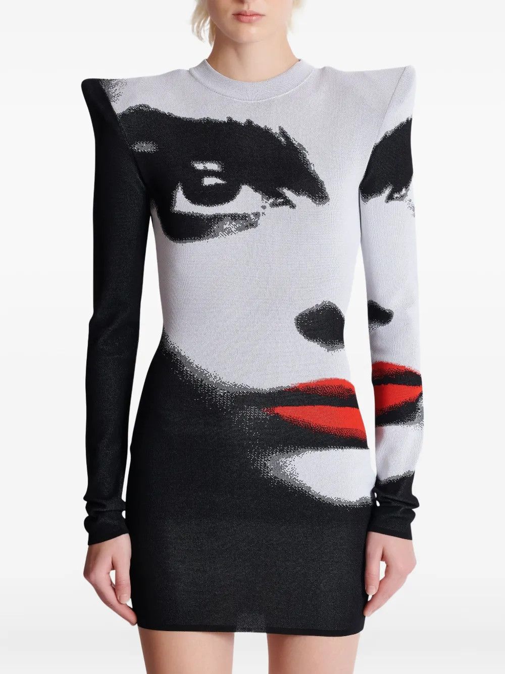 Balmain o1s1wg110526 Face-Motif Mini Dress in White/Black Size XL / US 12-14 / IT 48-50 - 3 Thumbnail