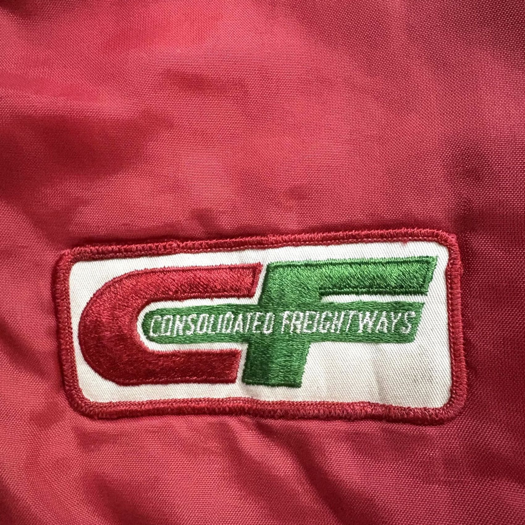 Vintage VINTAGE King Louie Mens XL Red CF Freightways Bomber Jacket, Satin Nylon, Varsity, Snap Front, Pockets, Embroidered Logo, Short Jacket Length, 1990s? Size US XL / EU 56 / 4 - 5 Thumbnail