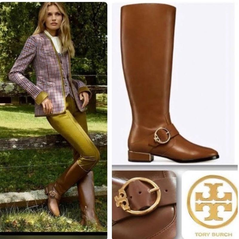 image of New Tory Burch Sofia Tall Riding Boots Calf Leather Brown 7, Women's