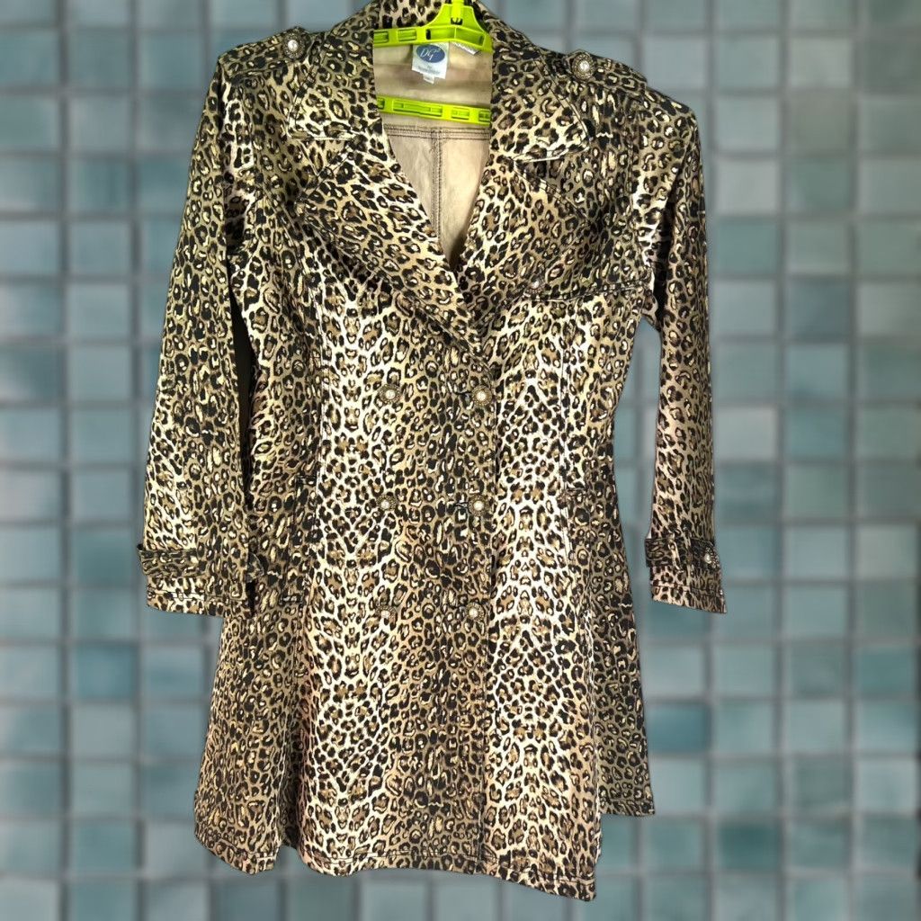 DG 2 Diane Gilman Trench Denim Jacket Women M Leopard Metallic Brown Leather Look Long Coat