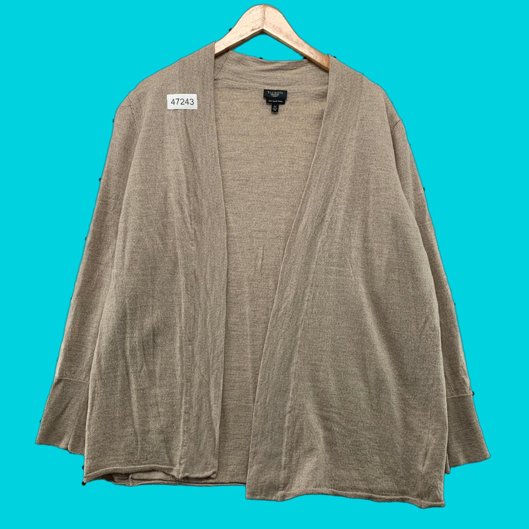 Talbots Cardigan 100% Merino Wool Womens 2X Open Front Beige Italian 2X Solid Knit Long Sleeve Casual Sweater