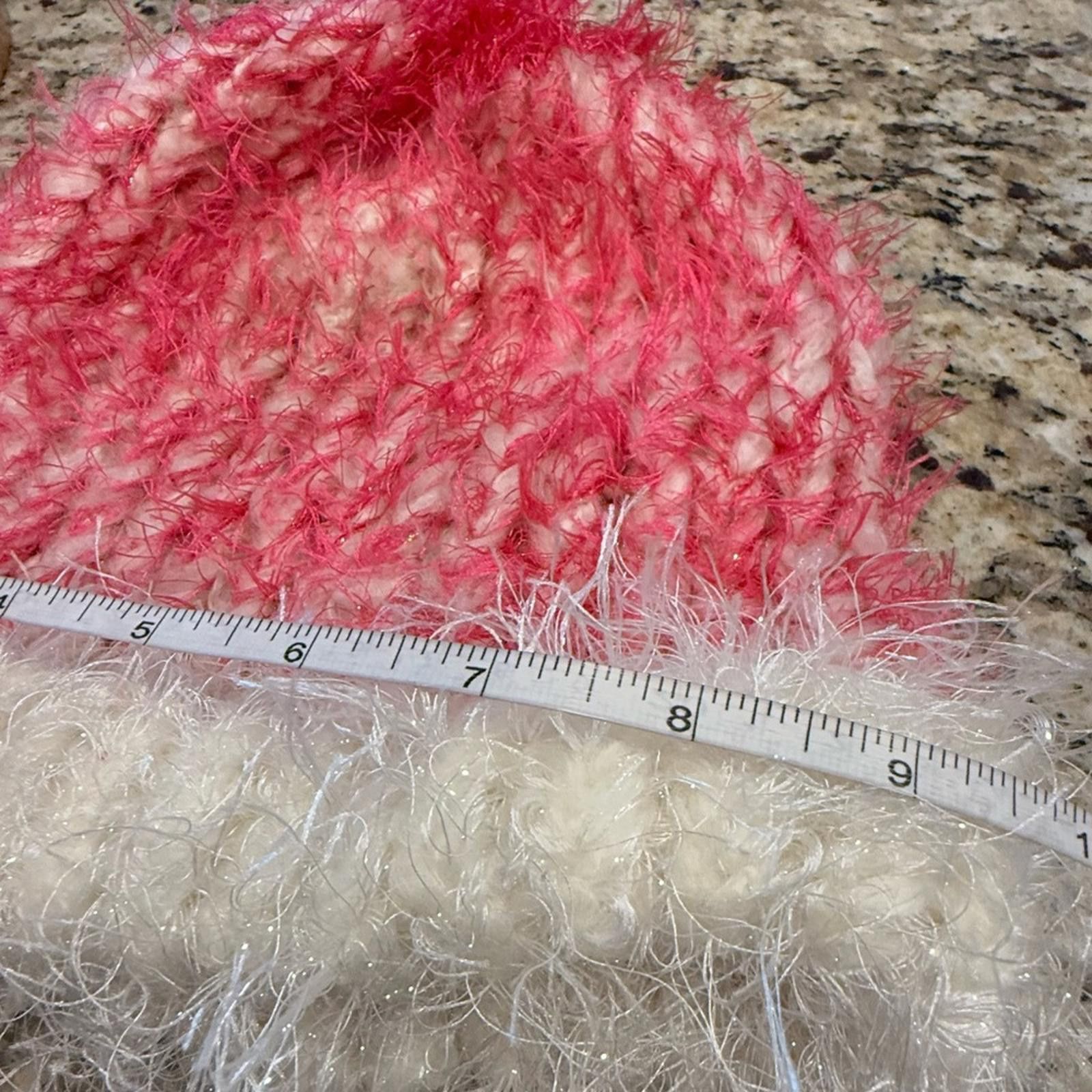 Other Pink & white metallic plush fringe knit winter beanie hat OS Size ONE SIZE - 7 Thumbnail