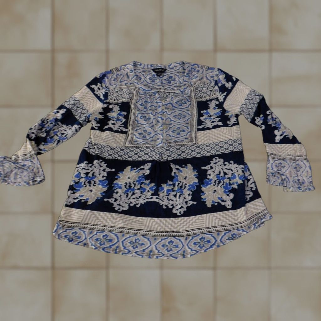 Lucky Brand Lucky Brand Blouse Womens L Blue Floral Boho Peasant Top Shirt Size L / US 10 / IT 46 - 1 Thumbnail