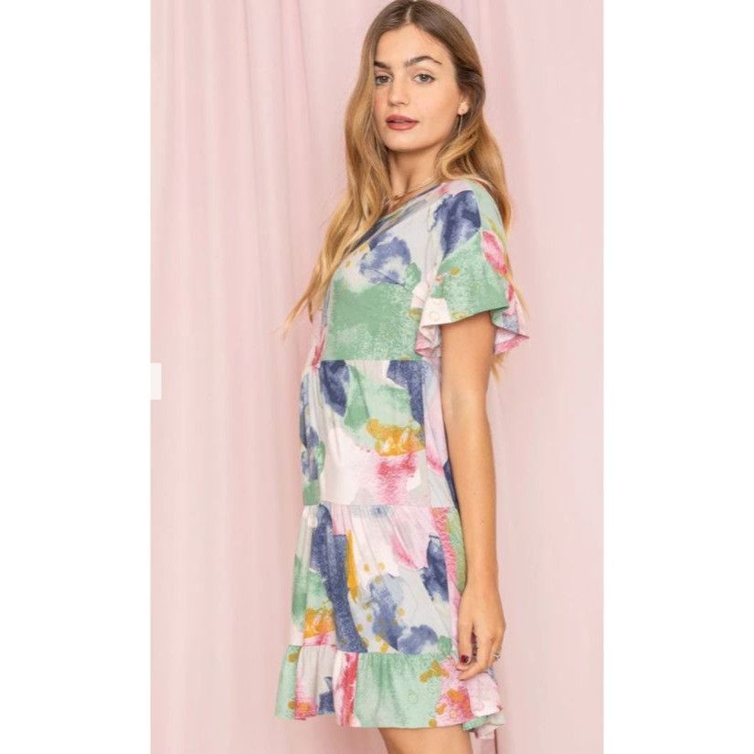 Other Watercolor Tiered Babydoll Dress Short Sleeve Lightweight Wo Size S / US 4 / IT 40 - 6 Thumbnail