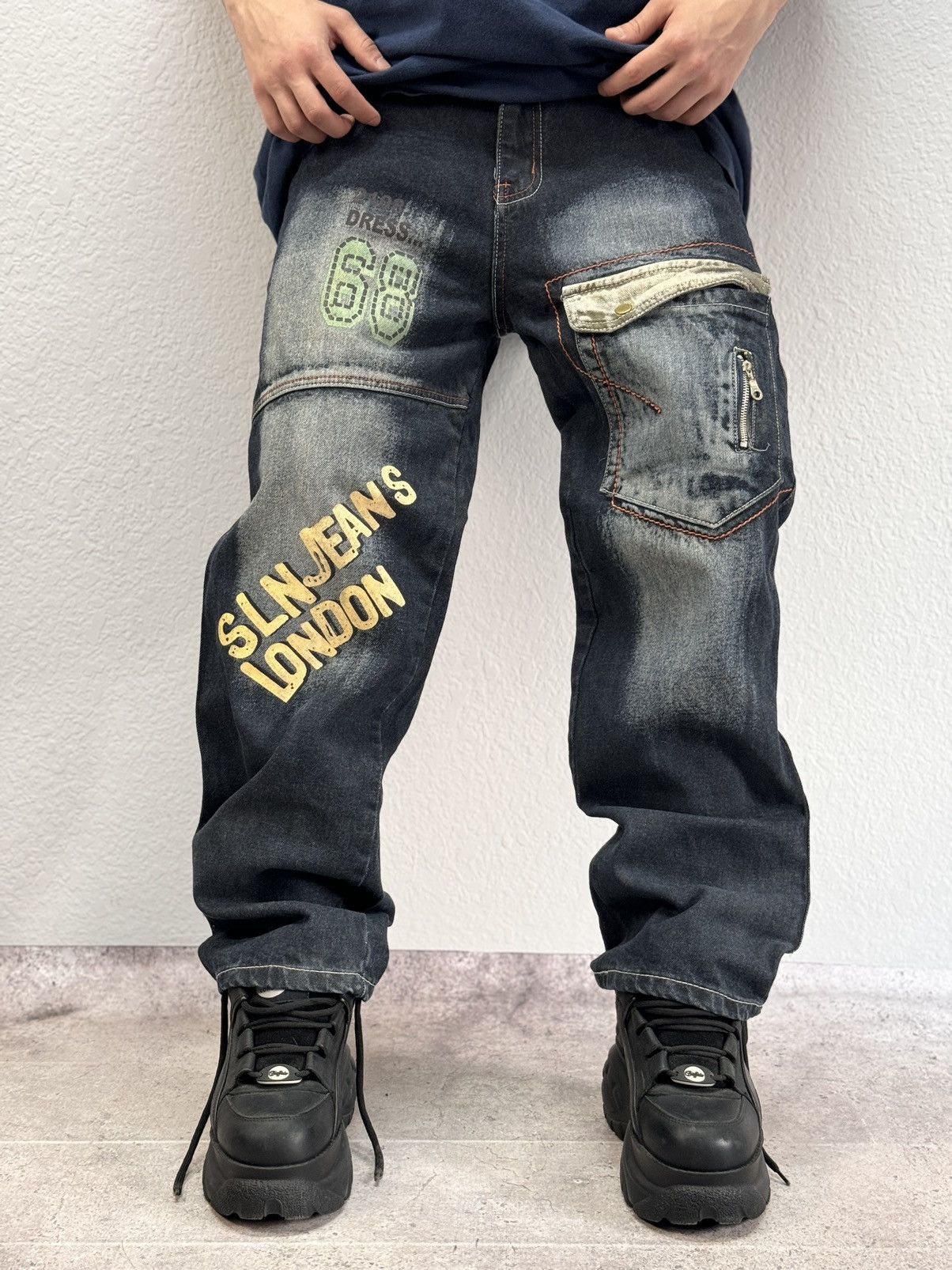 JNCO VINTAGE Y2K RAW BLUE BAGGY CYBER WING DENIM SEQUIN JEANS 36 Size US 31 - 2 Thumbnail