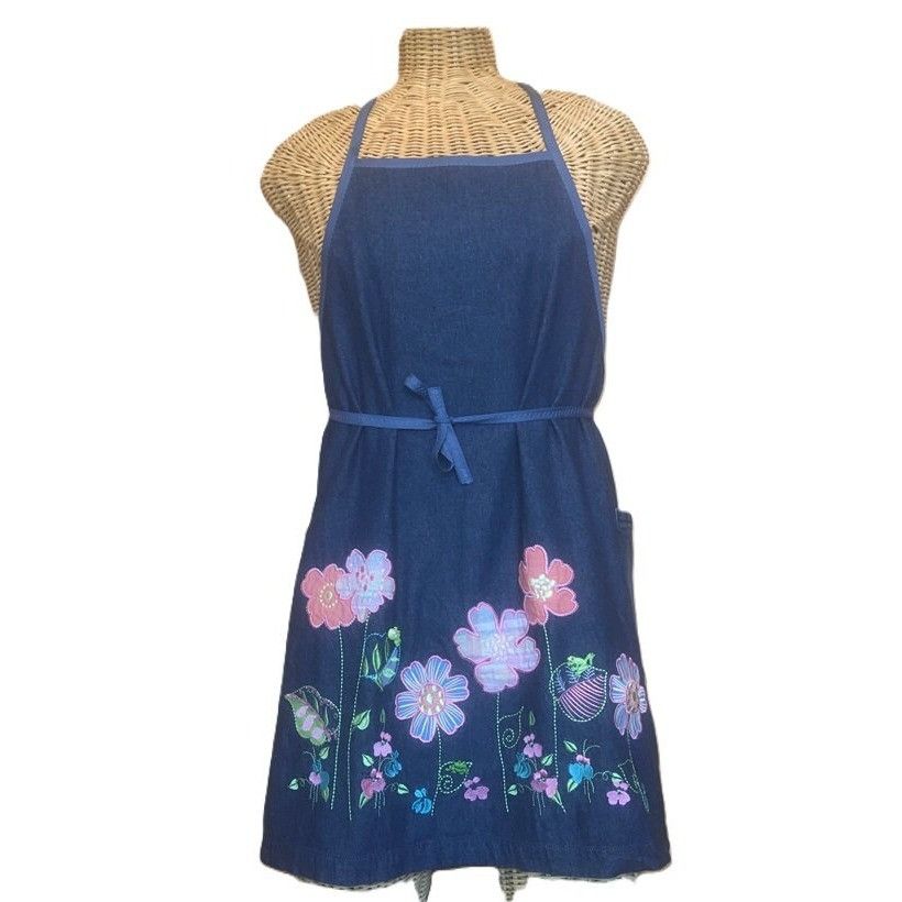 Handmade Adjustable Bib Apron Denim w/ Pockets Embroidery & Applique Size ONE SIZE - 1 Thumbnail