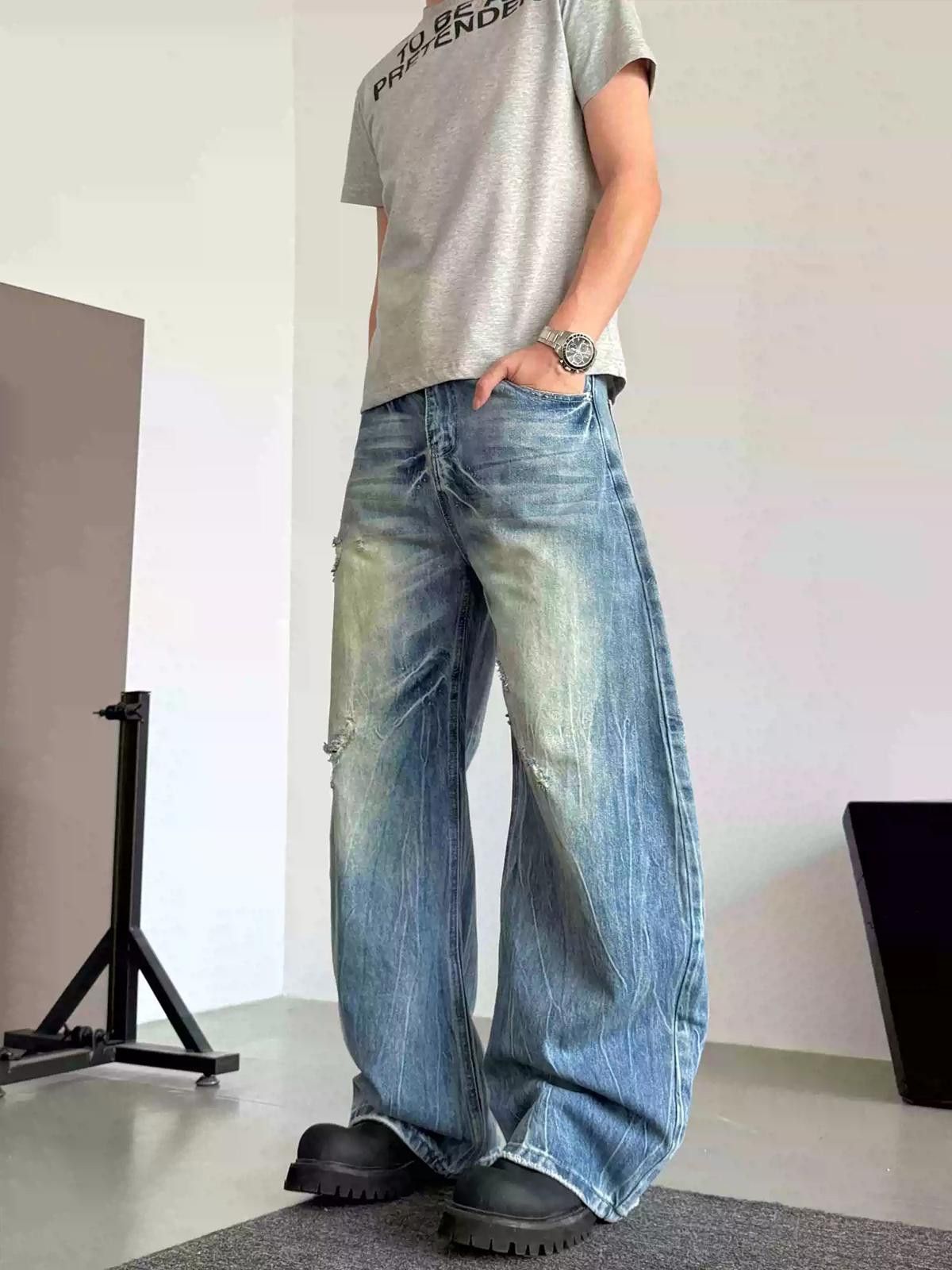 Light Wash Distressed Wide-Leg Jeans