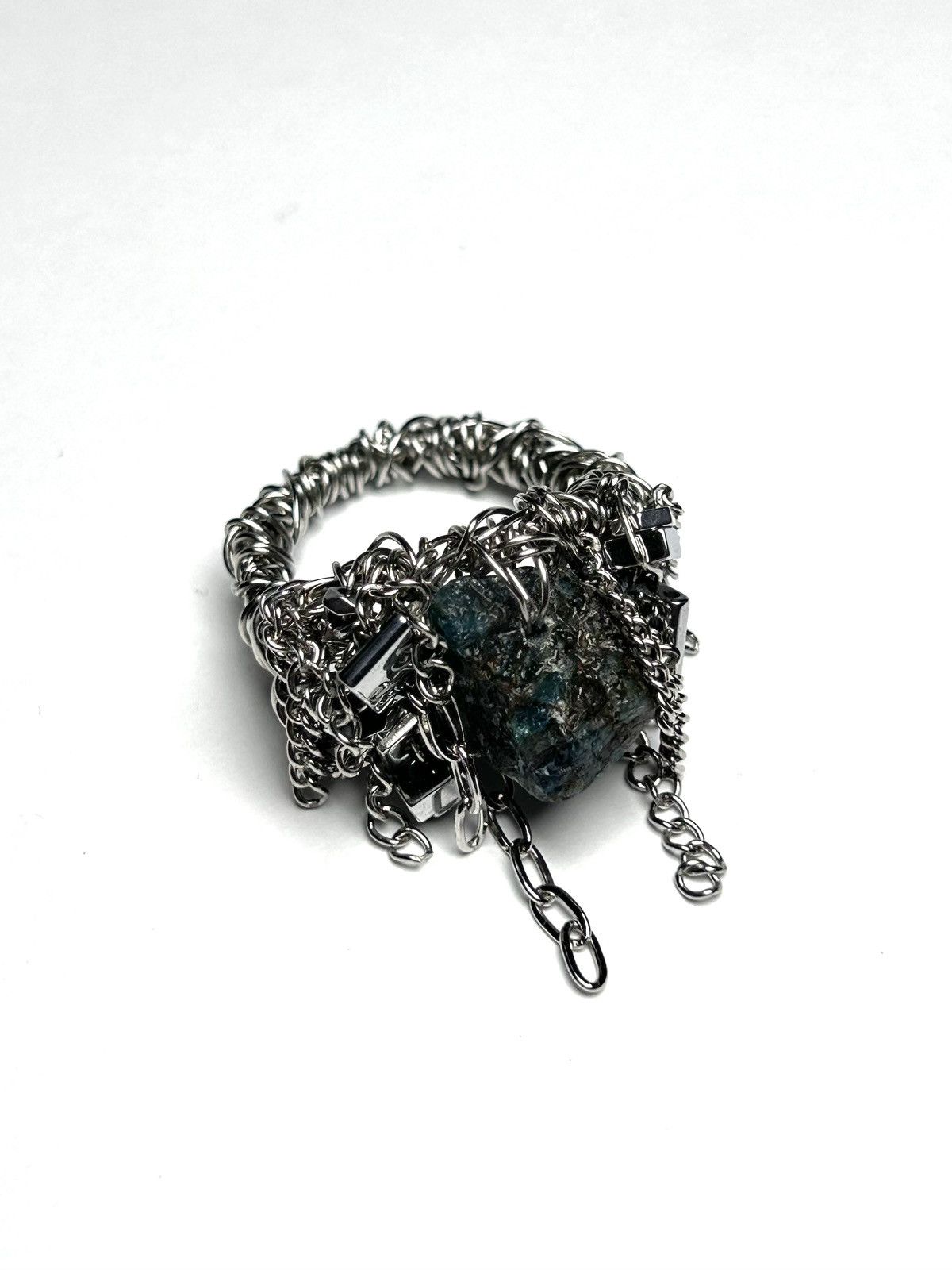 Seditionaries Handmade Stainless Steel Ring with Raw Apatite and Chains Size ONE SIZE - 1 Thumbnail