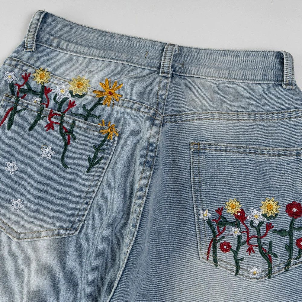 Jean Men's distressed punk casual floral embroidered washed jeans Size US 32 / EU 48 - 5 Thumbnail