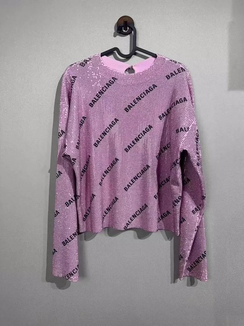 Balenciaga Balenciaga Full rhinestone logo pink knitted long sleeve Size S / US 4 / IT 40 - 1 Thumbnail