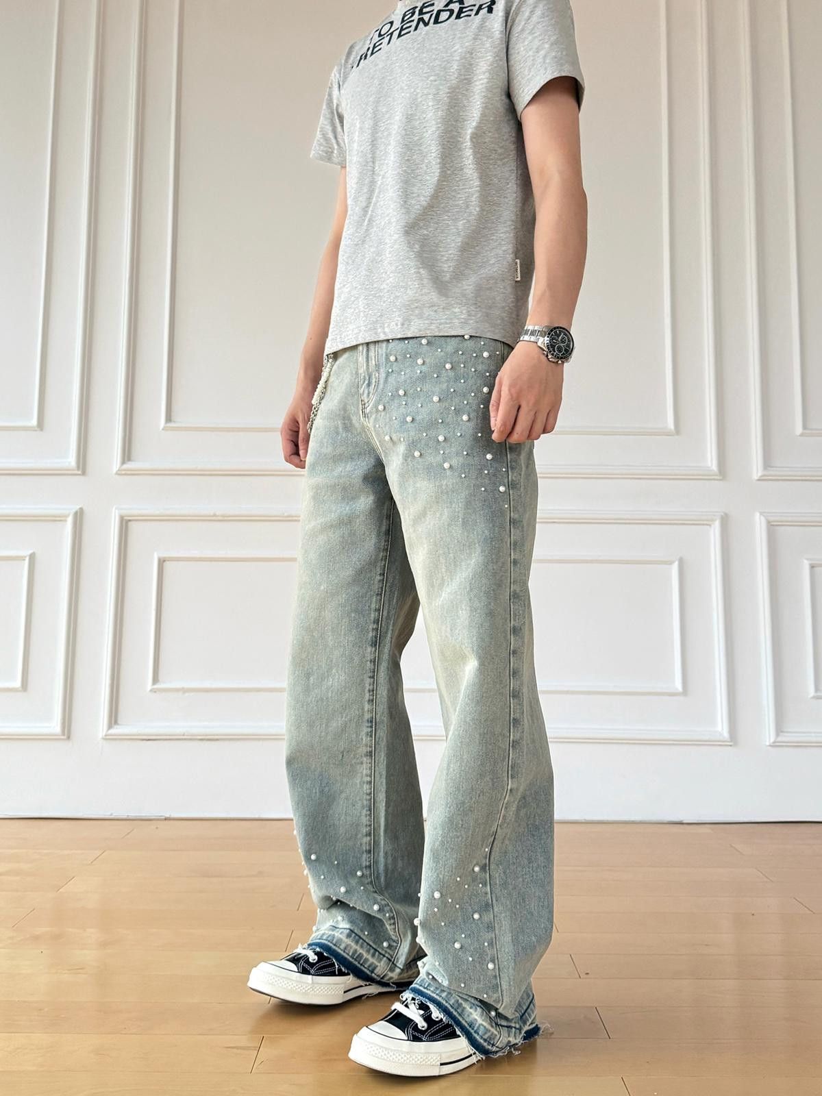Other Distressed Wide Leg Jeans with Pearl Studs Size ONE SIZE - 4 Thumbnail