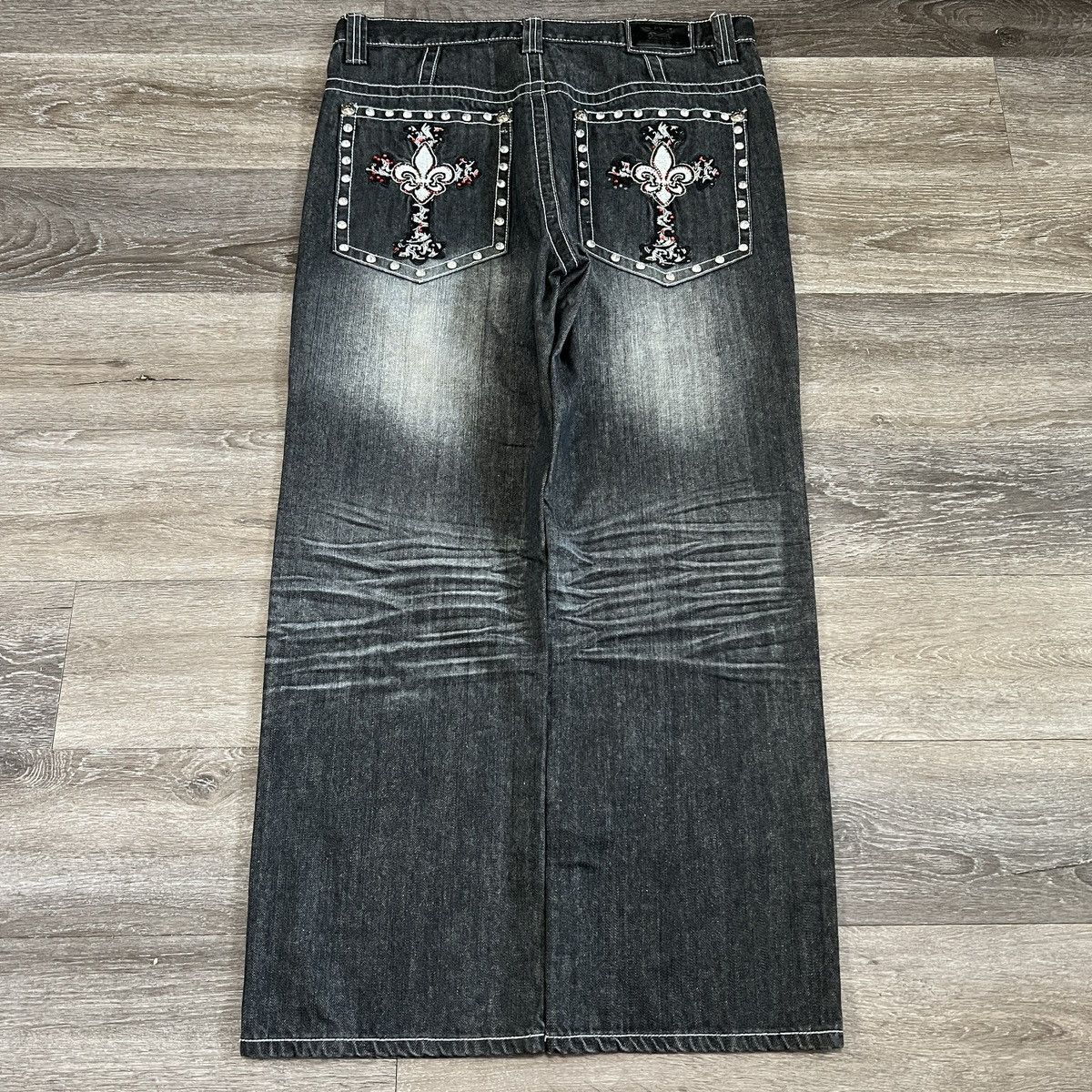 image of Affliction x Jnco Vintage Y2K Victoriouschrome Hearts Style Baggy Cross Jeans in Black (Size 36)