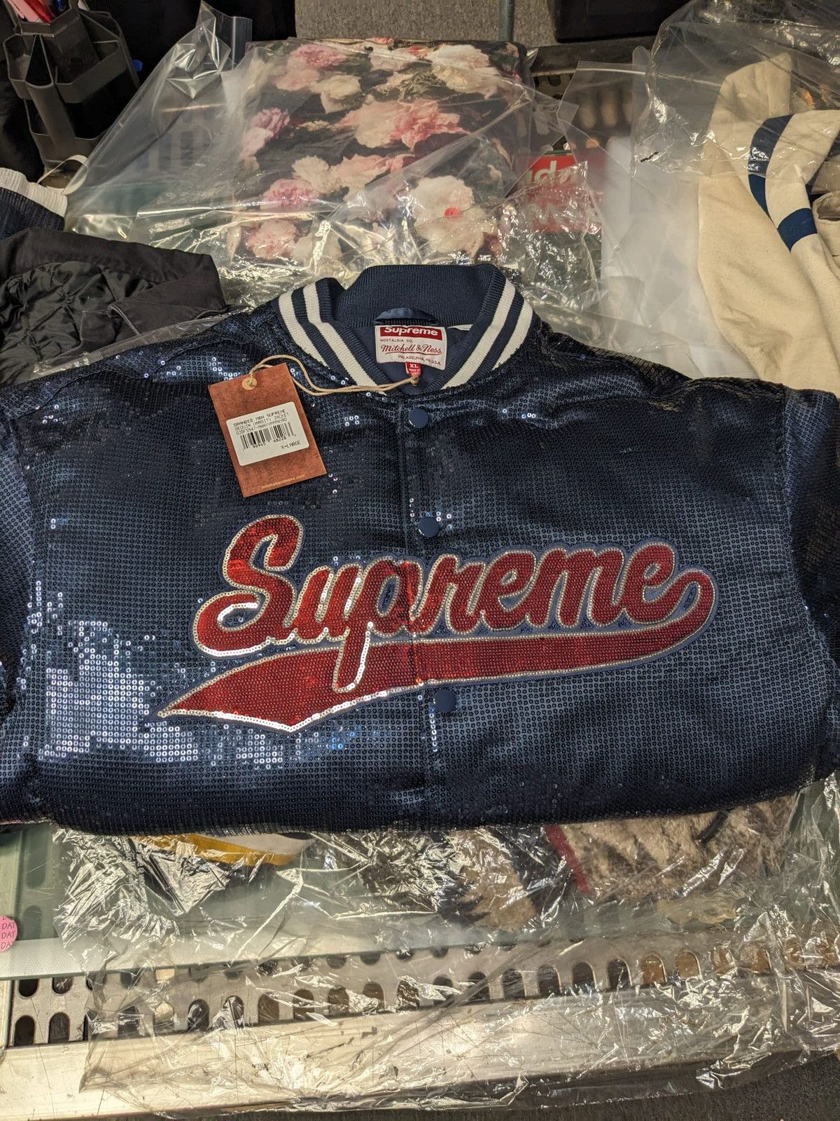 Supreme SS23 Supreme Mitchell & Ness Sequin Varsity Jacket Navy XL Size US XL / EU 56 / 4 - 4 Thumbnail