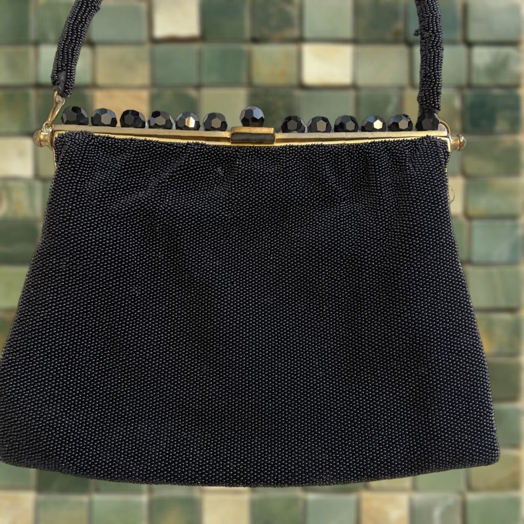 Vintage VINTAGE Black Beaded Evening Bag Handle Small Crystal Brass Handmade in France Women Evening Bag France Crystal Beaded Bag Womens Size ONE SIZE - 1 Thumbnail