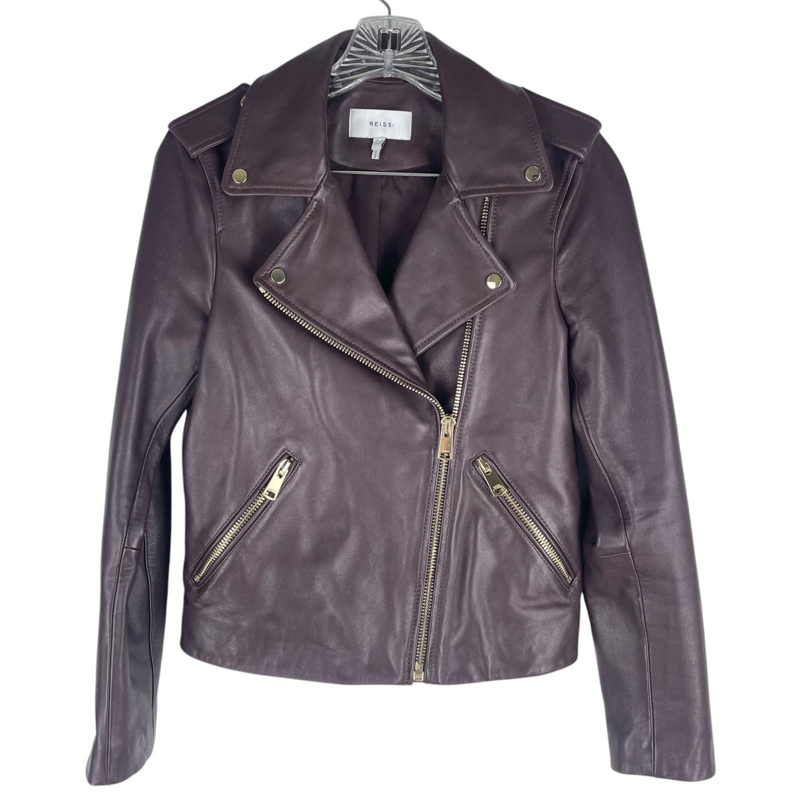 Reiss Leiya Lamb Leather Moto Jacket In Berry Red Size 4