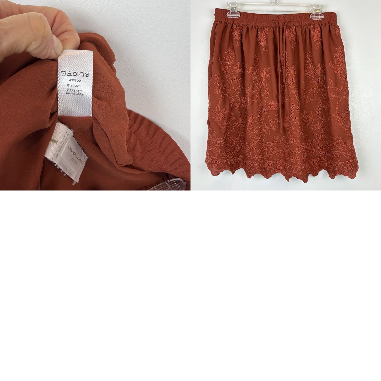 Loft LOFT Embroidered Mini Skirt Womens M Orange Elastic Waist Scalloped Hem Short Bohemian Flower Retro Pattern Size 32" / US 10 / IT 46 - 9 Thumbnail