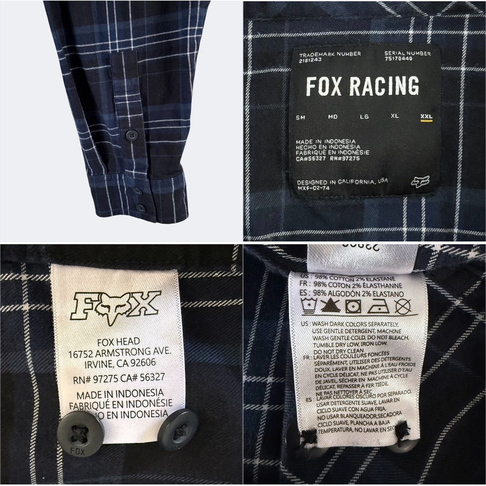 Fox Racing Fox Racing Gamut Stretch Flannel Shirt Black Plaid L/S Button-Up Men XXL Cotton Blend Easy Care Pockets Stretch Shirt Men Size US XXL / EU 58 / 5 - 8 Thumbnail
