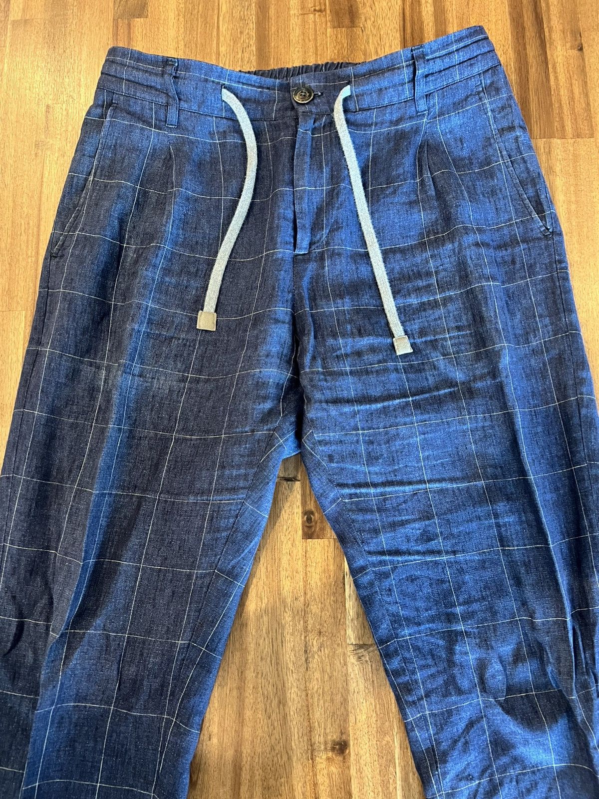 Eleventy Eleventy Blue Window Pane Linen Pants 32W Drawstring Pleated Size US 32 / EU 48 - 1 Thumbnail