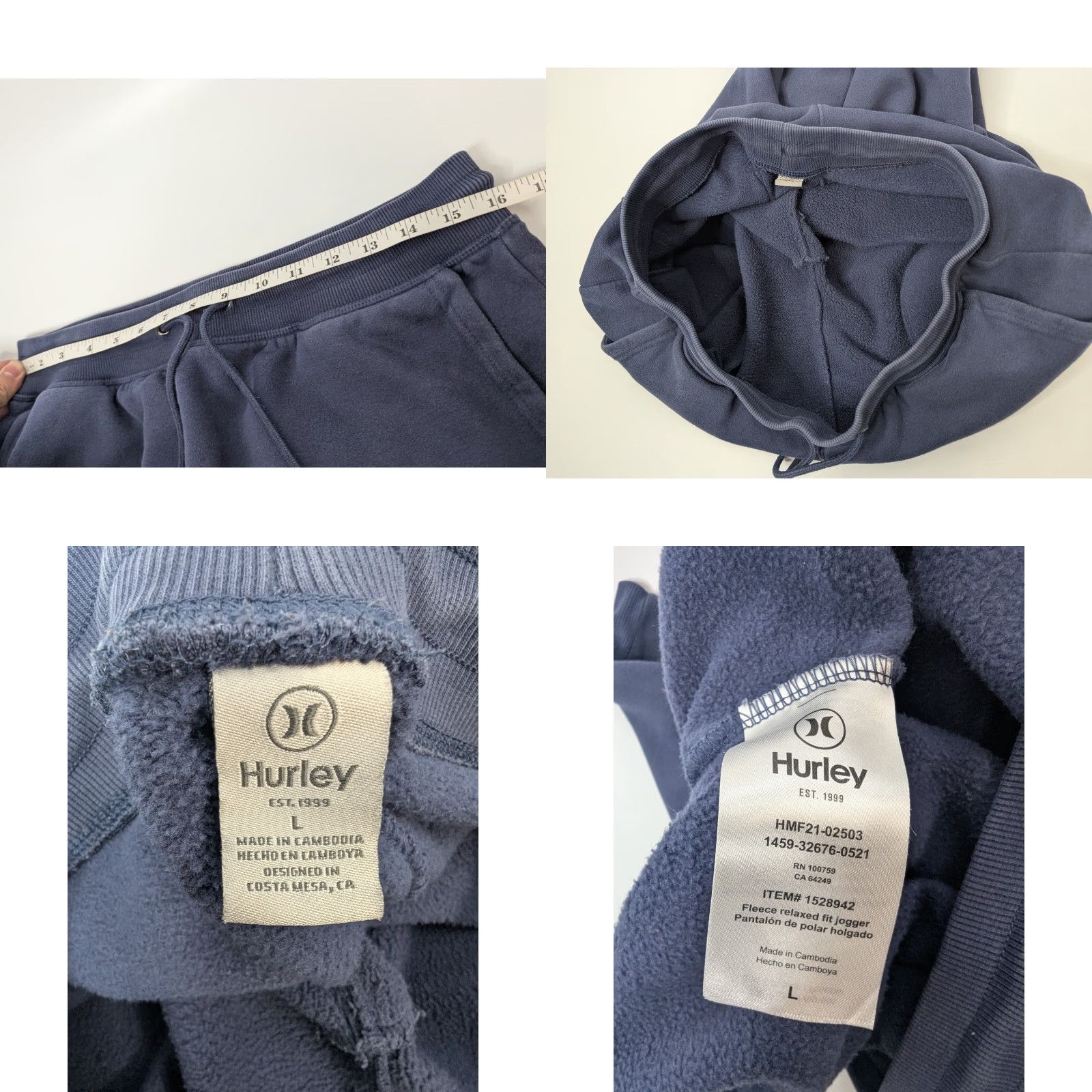 Hurley Hurley Mens Fleece Jogger Blue Logo Pockets Elastic Waist Cotton Blend Sz Large Size US 33 - 8 Thumbnail