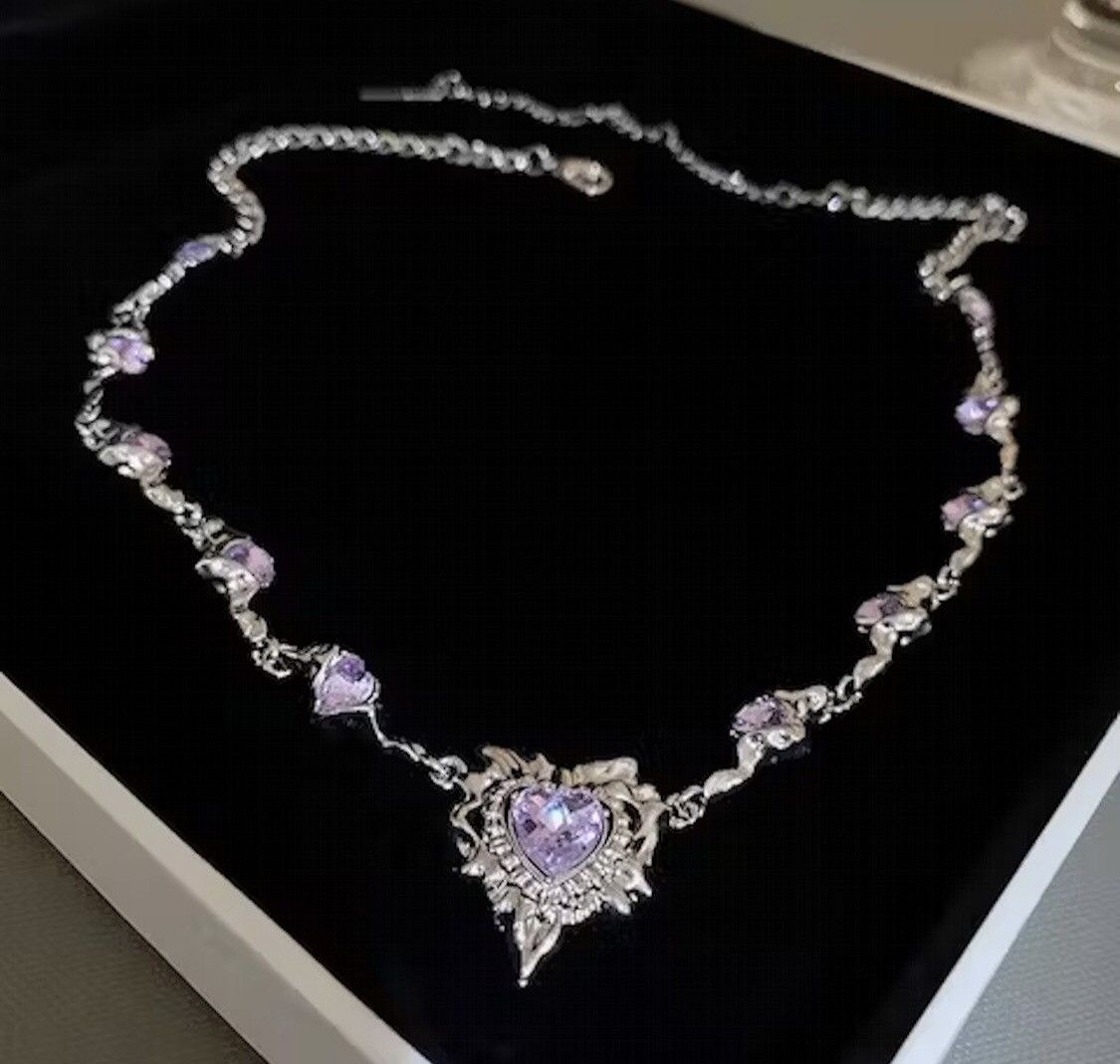 Jewelry Crystal Purple Heart Silver Star Chain Necklace Size ONE SIZE - 1 Thumbnail