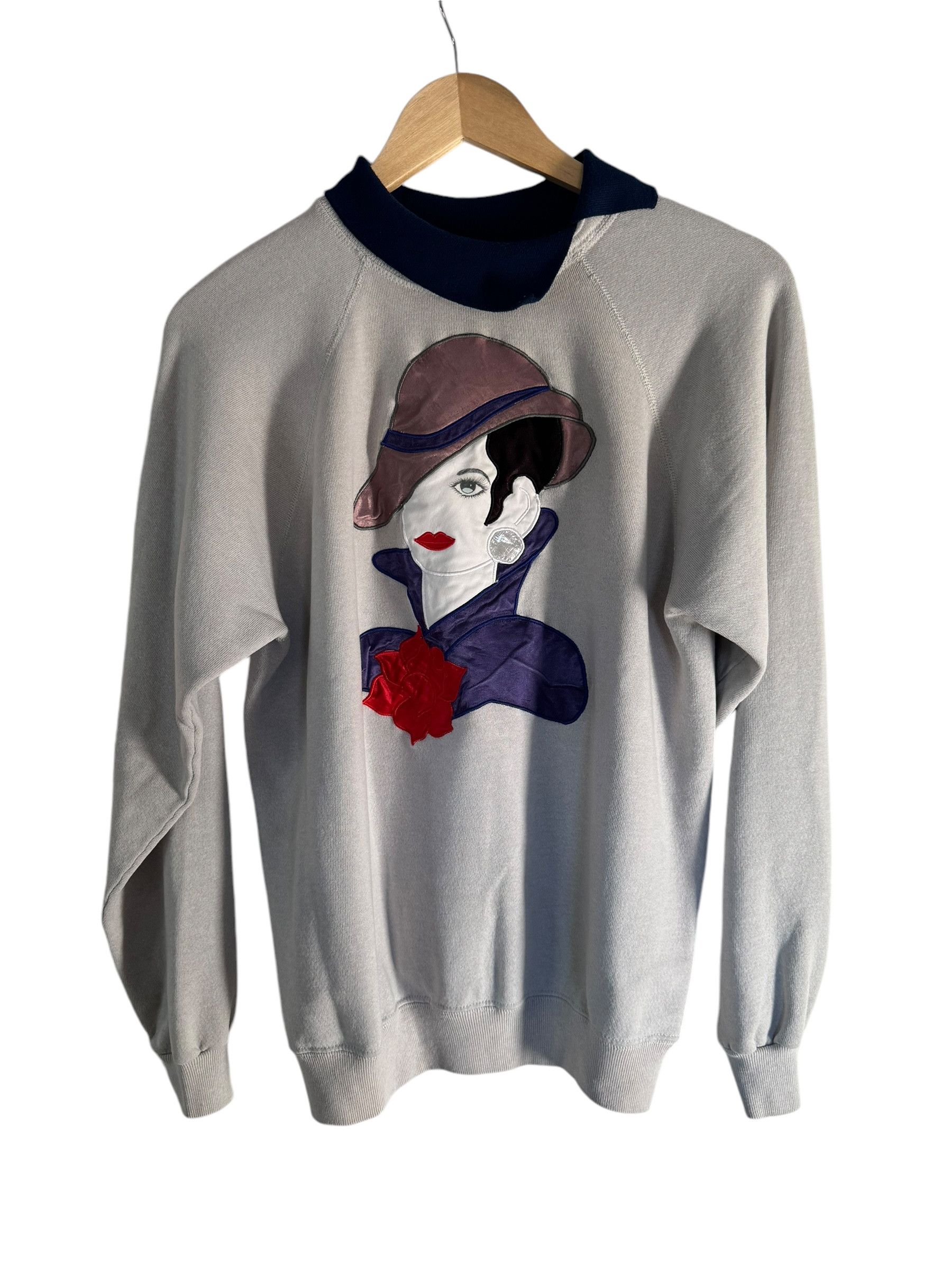 Hanes × Vintage Vintage 1980s Woman's Face Art Collared Crewneck Sweater Size L / US 10 / IT 46 - 1 Thumbnail