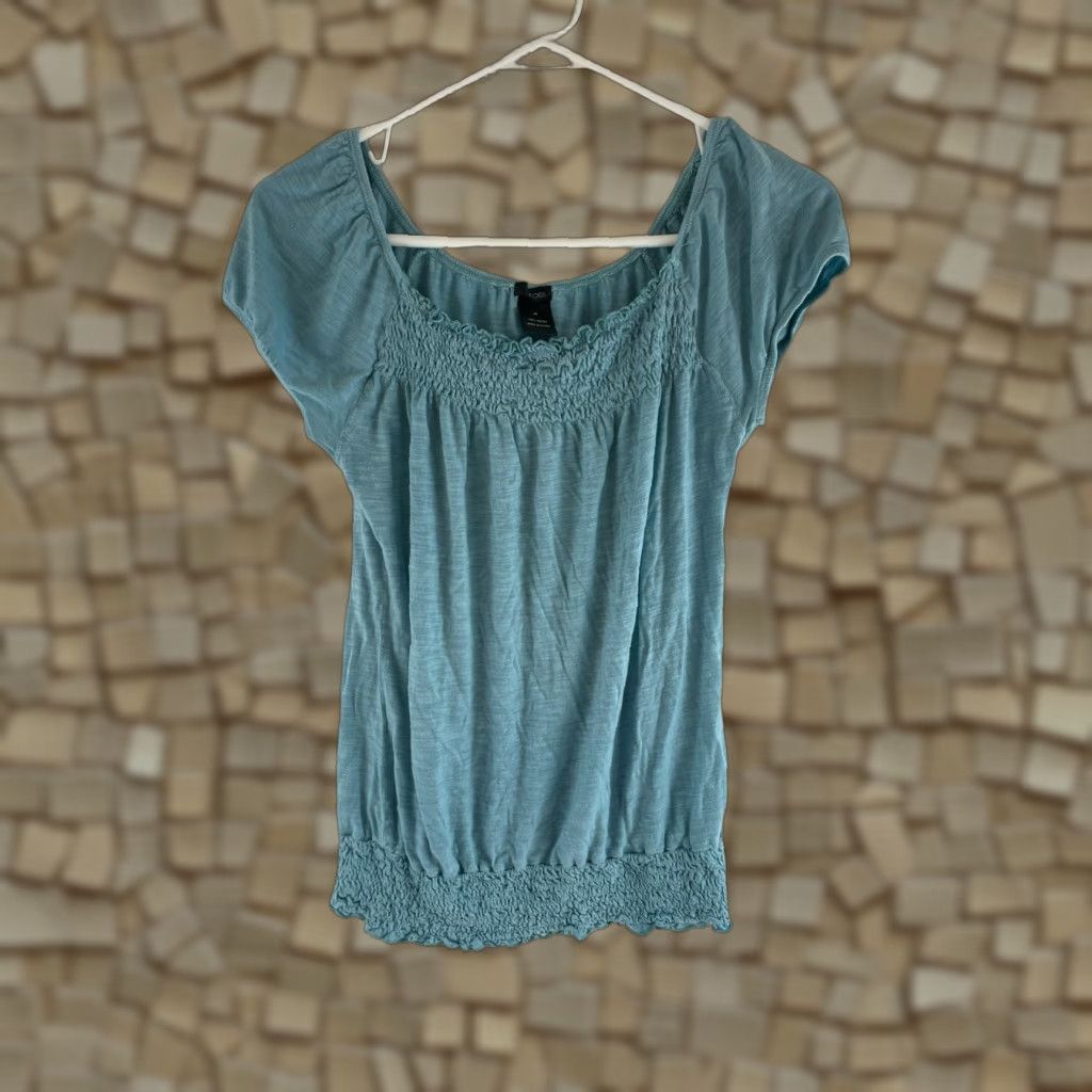 Vintage Maurices Blouse Shirt Women's Medium Blue Cap Sleeve Square Neck & Hem Smocked Modern Casual- Breathable Size M / US 6-8 / IT 42-44 - 1 Thumbnail