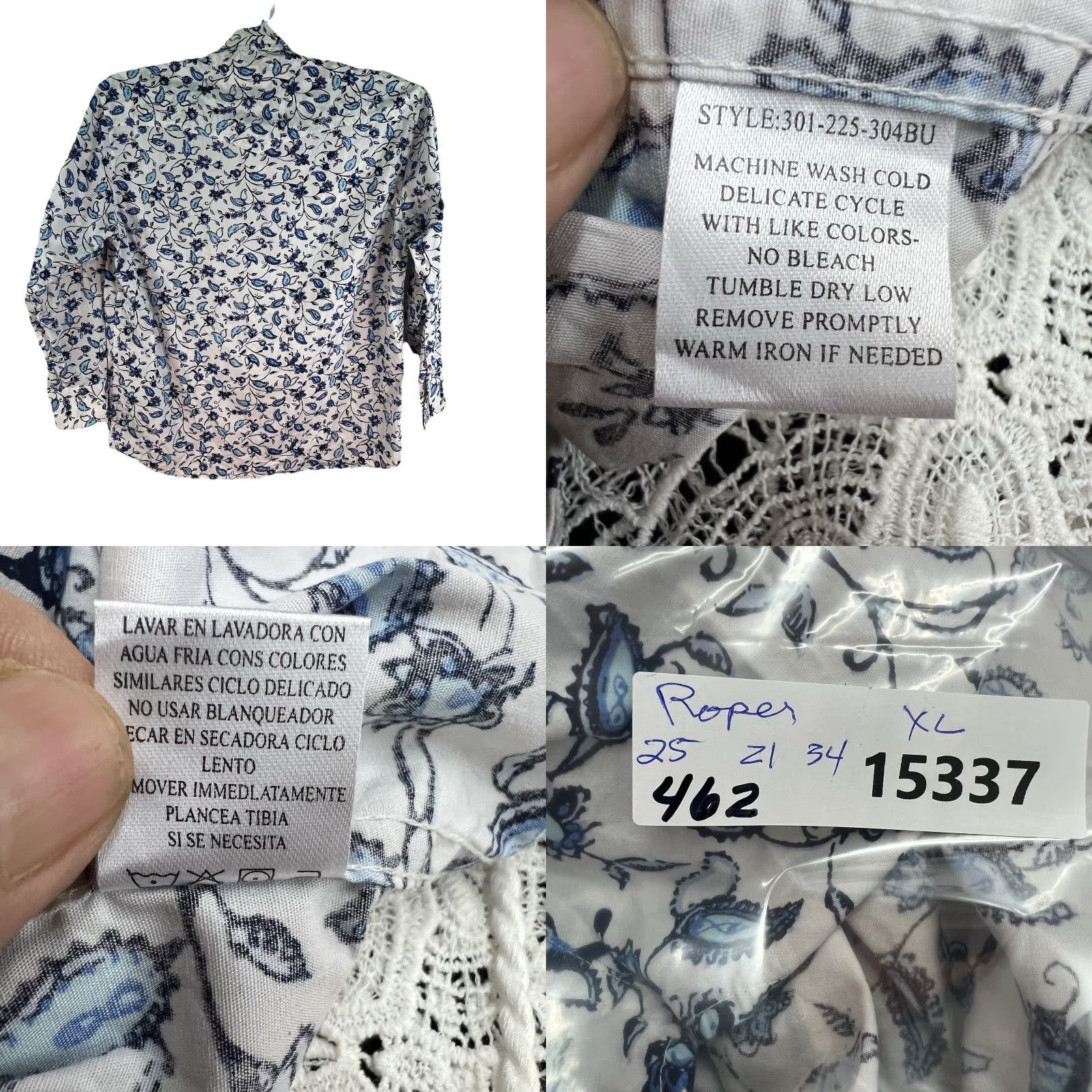 Roper Roper Shirt Men's Pearl-Snap Floral Woven Cotton Button-Up XL White/Blue Floral Western Shirt Mens XL Blue White - Regular Fit Size US XL / EU 56 / 4 - 8 Thumbnail