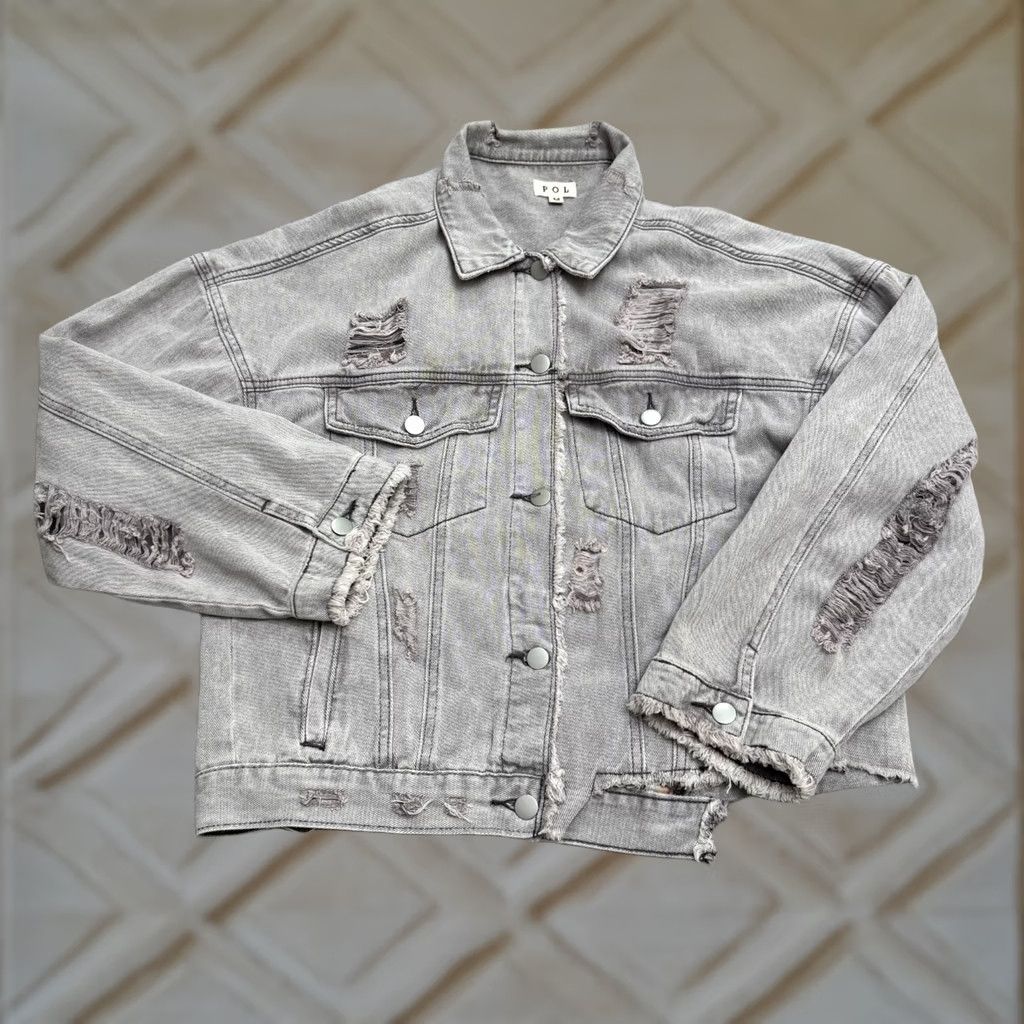 Vintage POL Distressed Denim Jacket Womens Medium Gray Acid Wash Plaid Cotton Streetwear Size M / US 6-8 / IT 42-44 - 1 Thumbnail